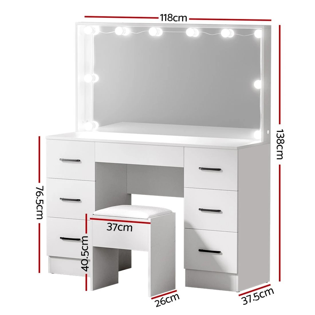 4 Artiss Dressing Table Set Stool 10 Led Bulbs - White, 4 of 8
