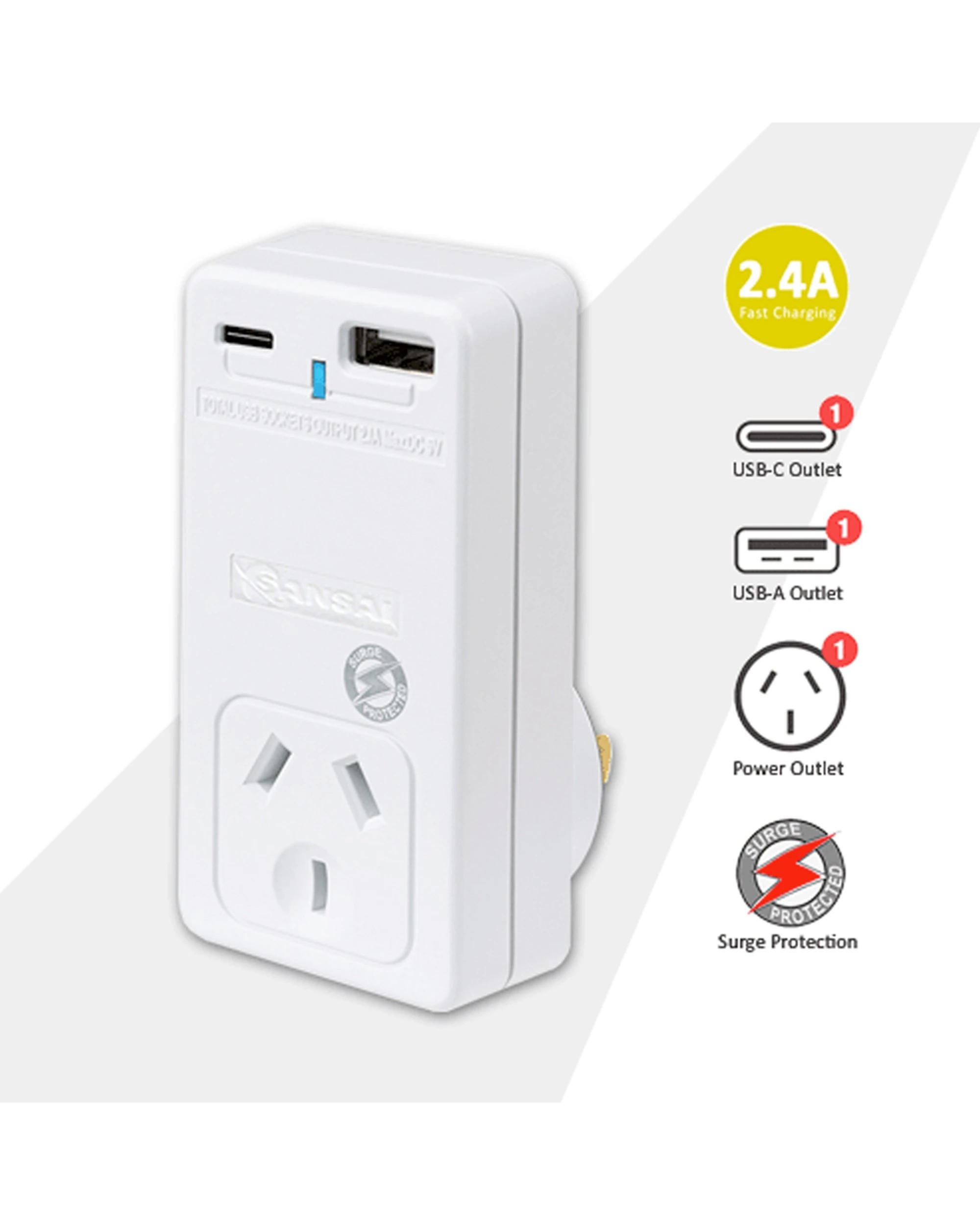 2 Sansai 2.4A USB Wall Socket Adaptor Charger With USB-A USB-C Ports - White, 2 of 2