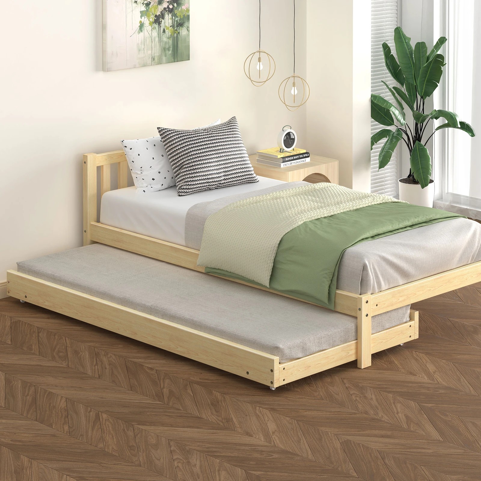 2 Alfordson Bed Frame 2x Single Size Trundle Wooden Mattress Base Timber - Natural, 2 of 10