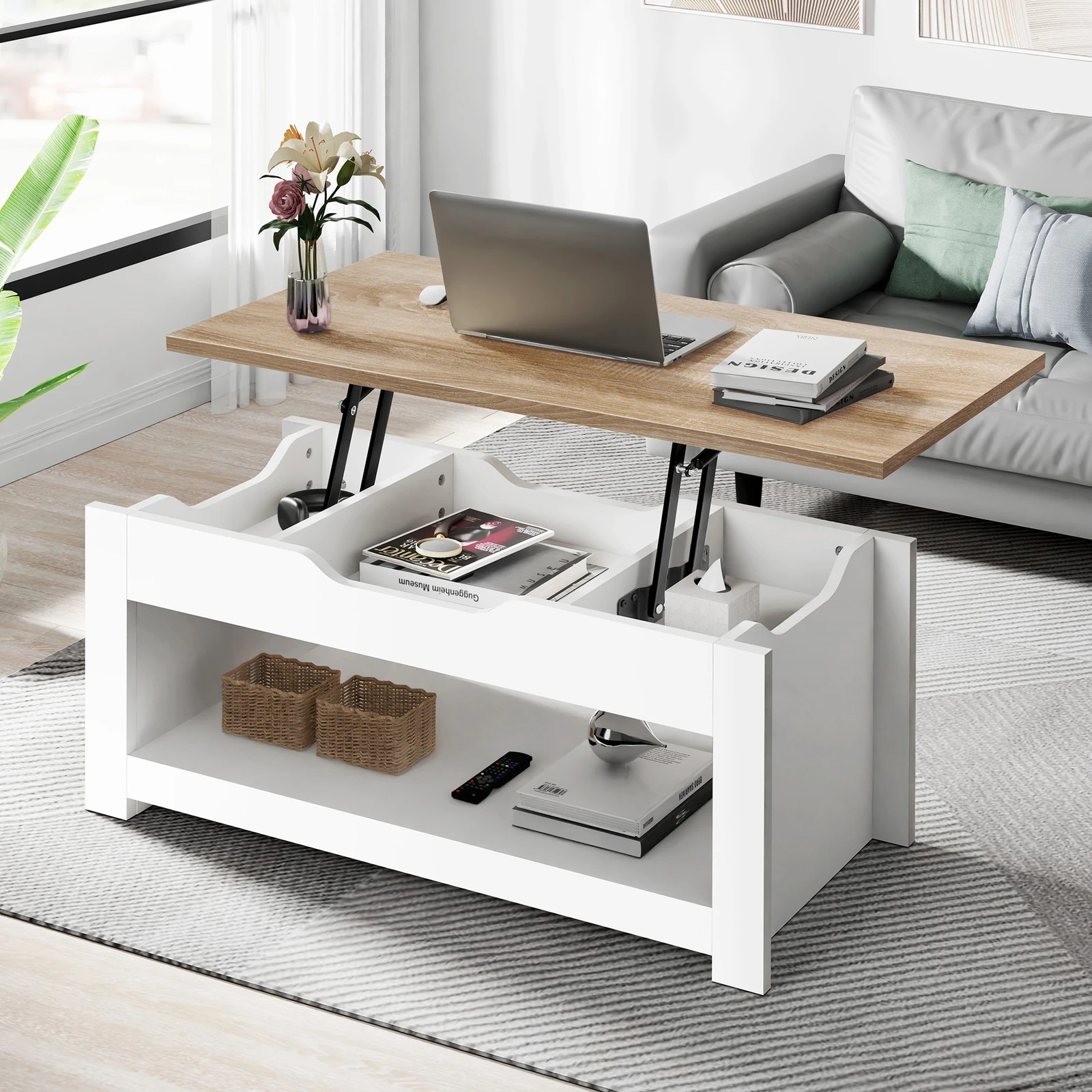 2 Alfordson Coffee Table Lift Up Top Laptop Desk Hidden Storage Shelf - Wood White, 2 of 10