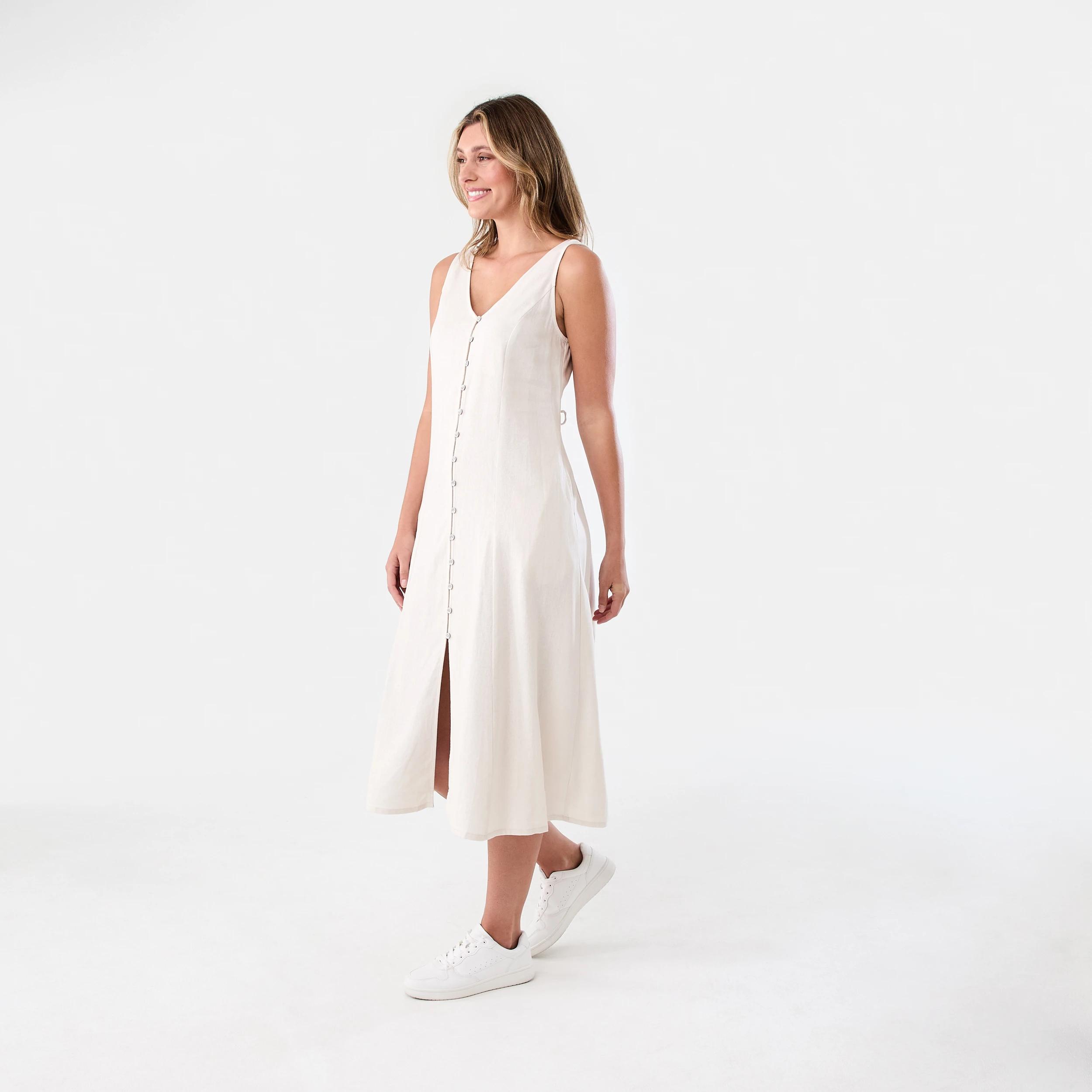 2 Sleeveless Button Front Linen Blend Midi Dress Nat Beige, 2 of 9