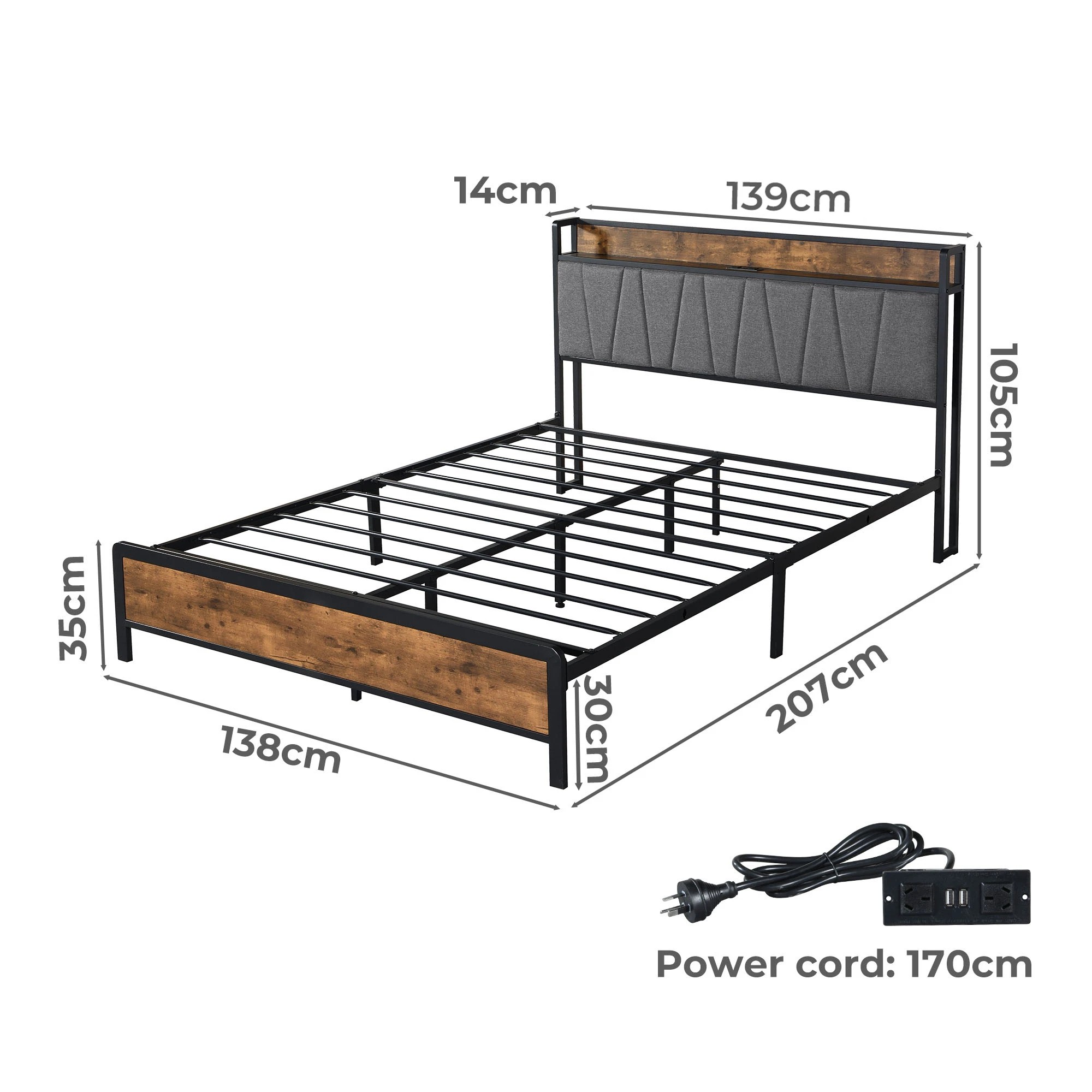 3 Levede Double Size Linen Fabric Bed Frame with Charging Station in Dark Grey, 3 of 8