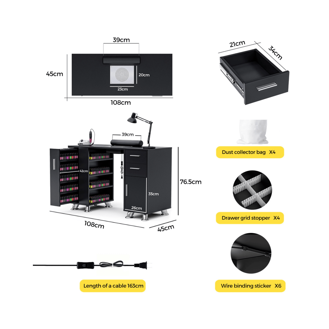 8 Advwin Manicure Table Nail Tech Desk Dressing Table Dust Collector Drawers Cabinet Storage
 - Black, 8 of 10