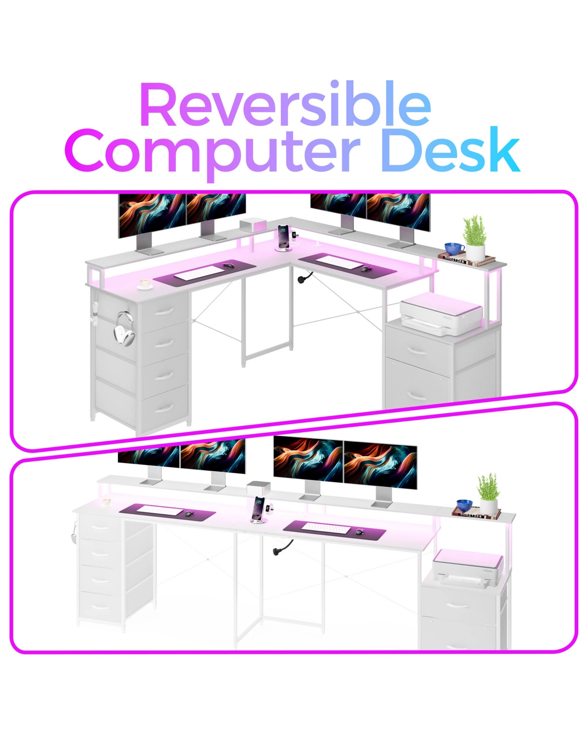 9 Advwin L Shaped Gaming Desk With Led Lights & Power Outlets, 9 of 9