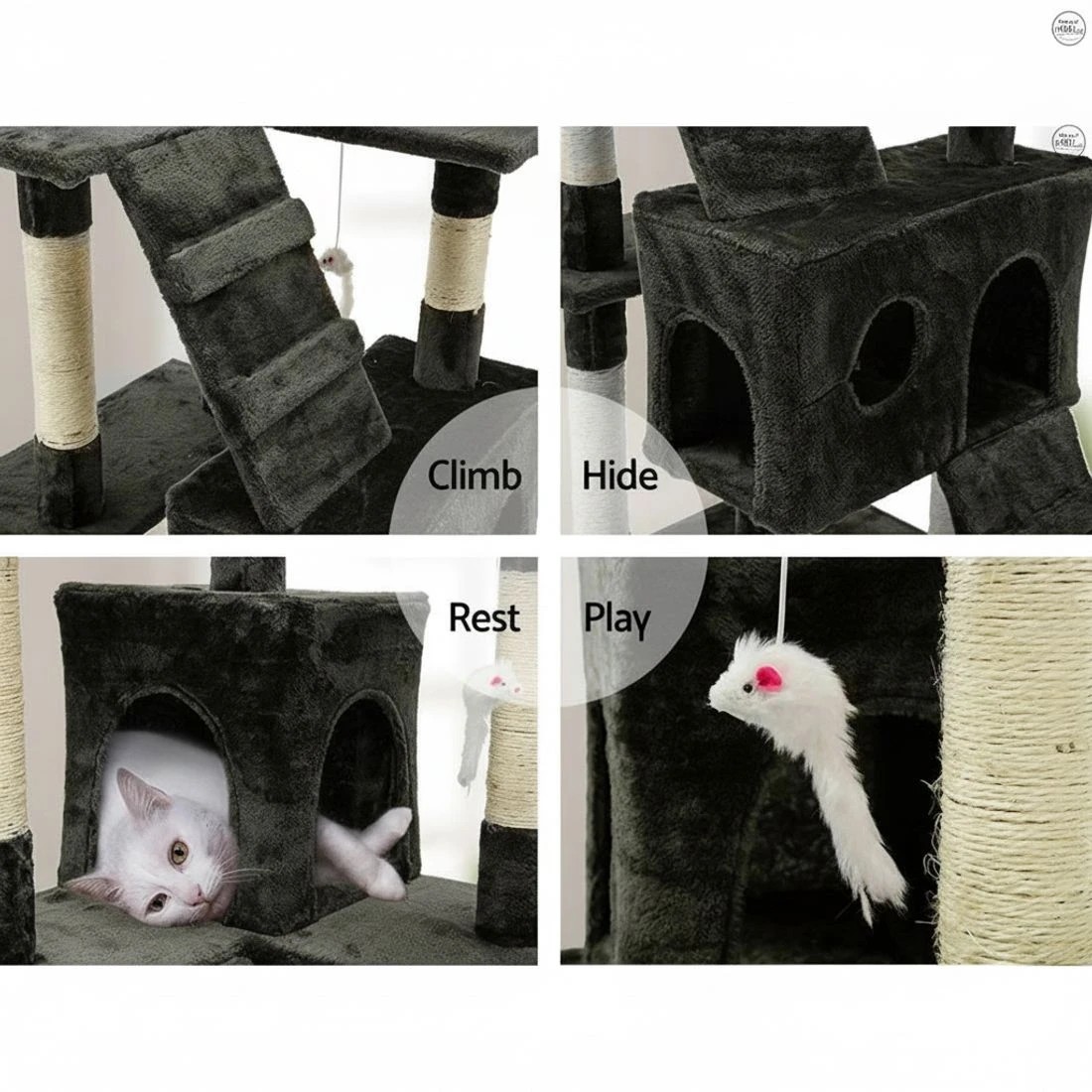 7 i.Pet Cat Tree 180cm Tower Scratching Post Scratcher Wood Condo House Toys - Grey, 7 of 7