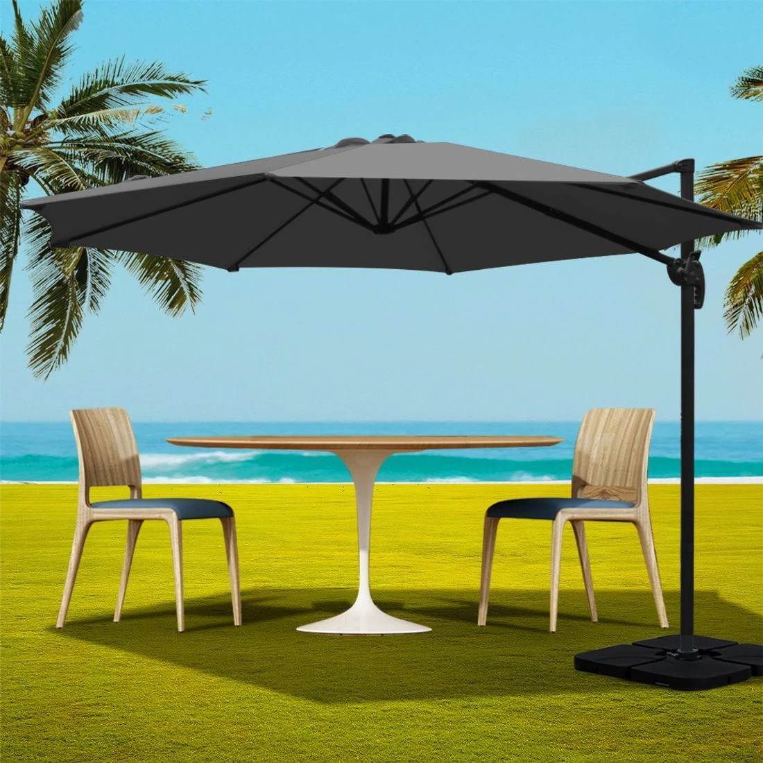 3 Instahut 3m Outdoor Umbrella W/base Cantilever Beach Roma 360 Degree Tilt
 - Grey, 3 of 7