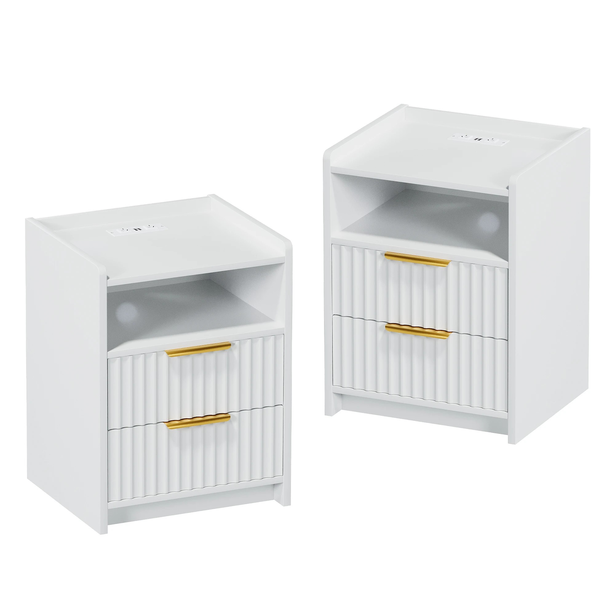1 Advwin Set of 2 Bedside Table with Charging Station 2 Drawers Open Shelf - White, 1 of 6
