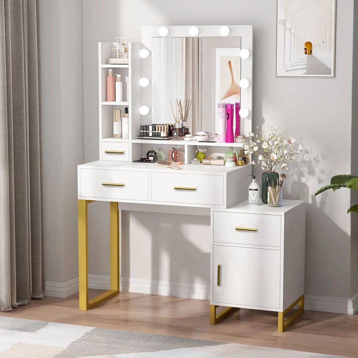 2 LUXSUITE Hollywood Mirror Makeup Table with 9 LED Lights 4 Drawers, 2 of 4