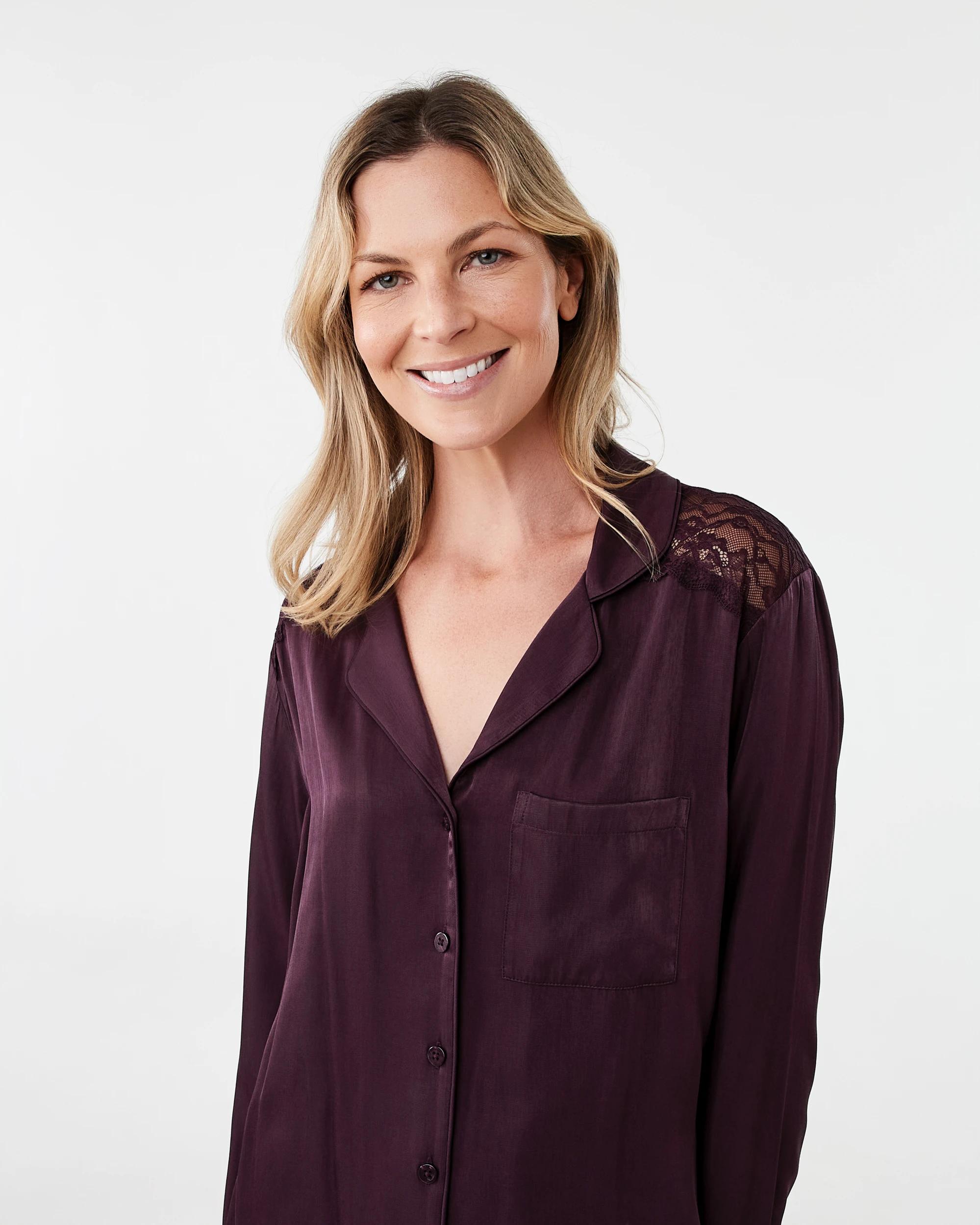 4 Lace Trim Matte Satin Pyjama Set Night Plum, 4 of 9