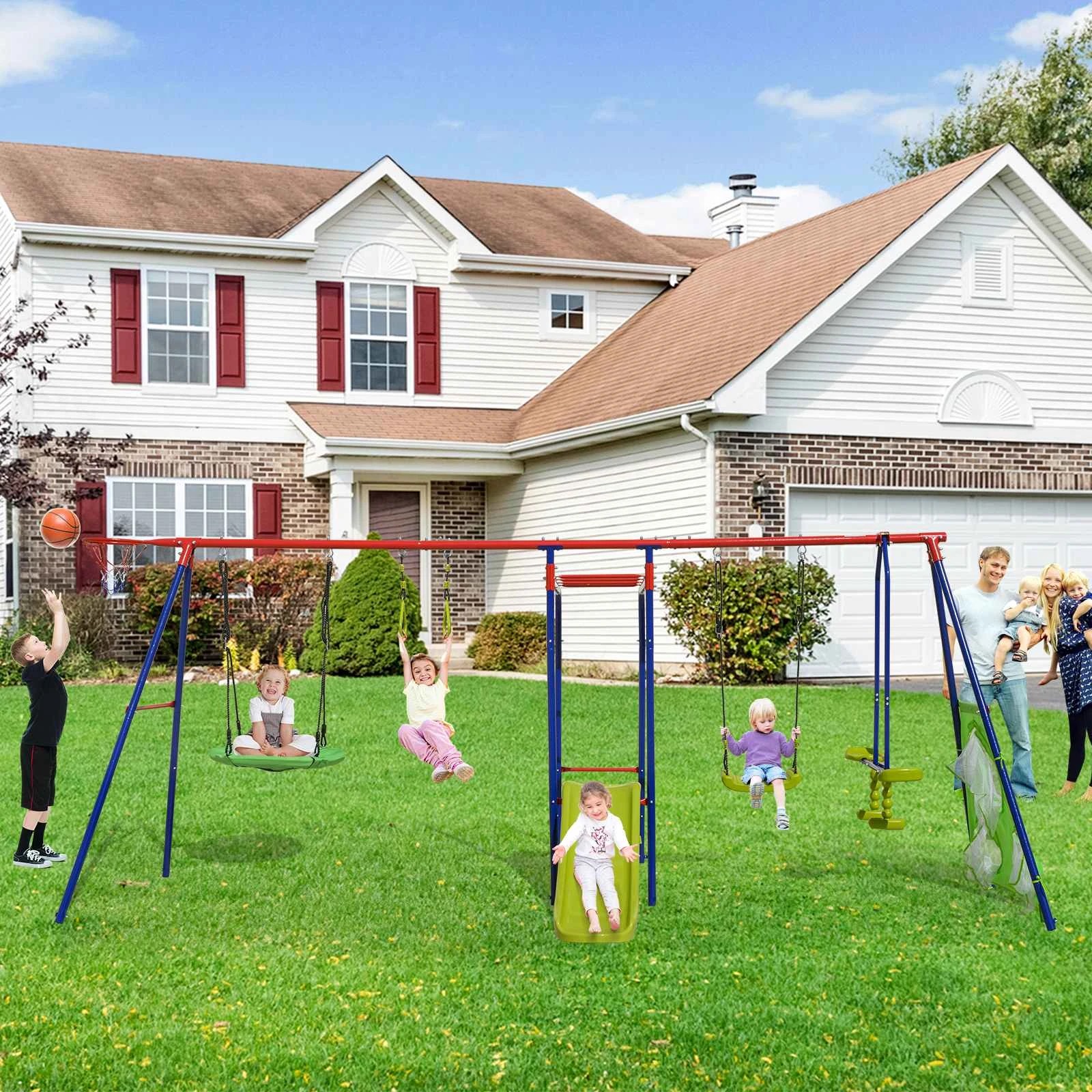 2 Costway 8-in-1 Outdoor Swing Set Metal Frame Swing Stand 300KG - Red, 2 of 2