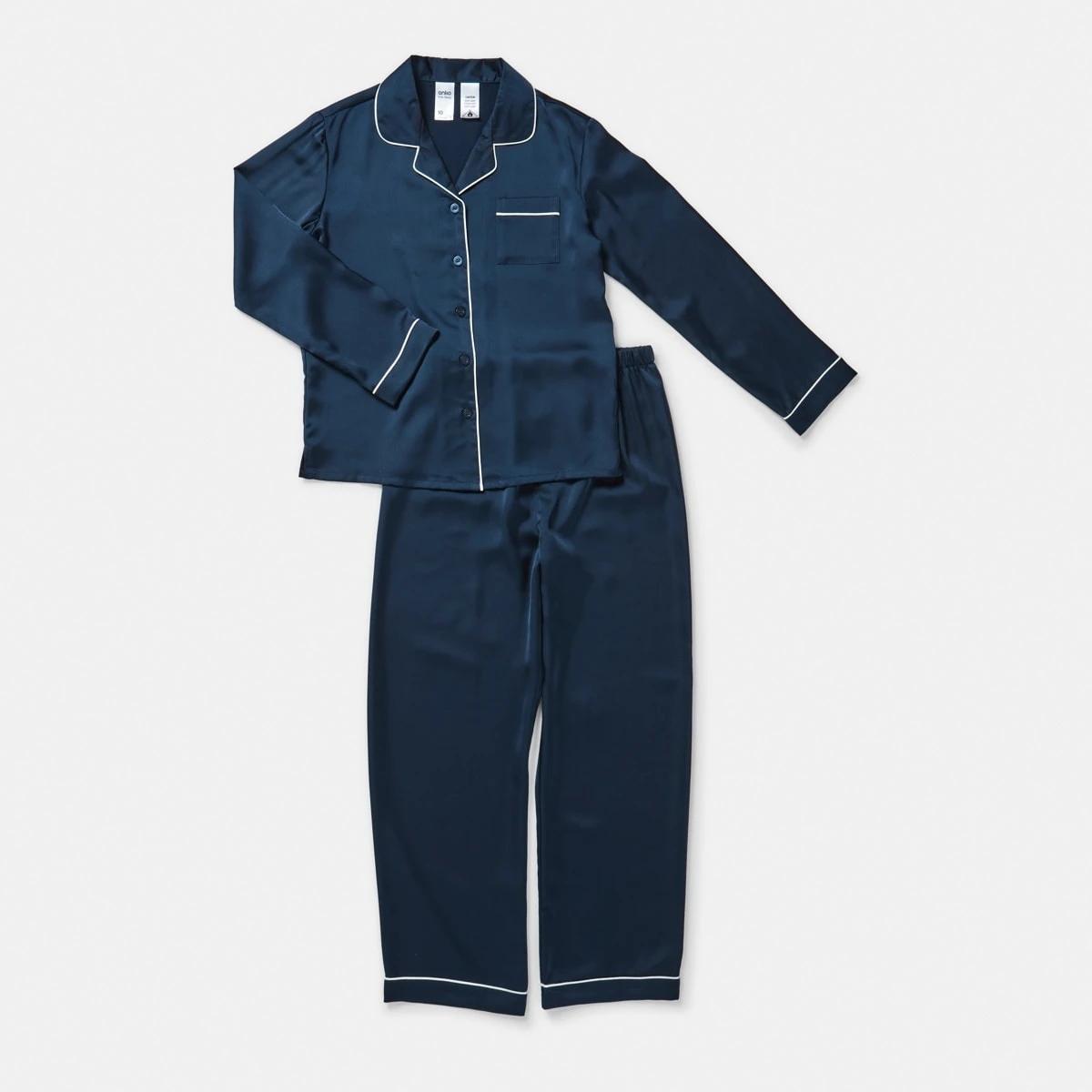 7 Long Sleeve Satin Pyjama Set Dress Navy, 7 of 10