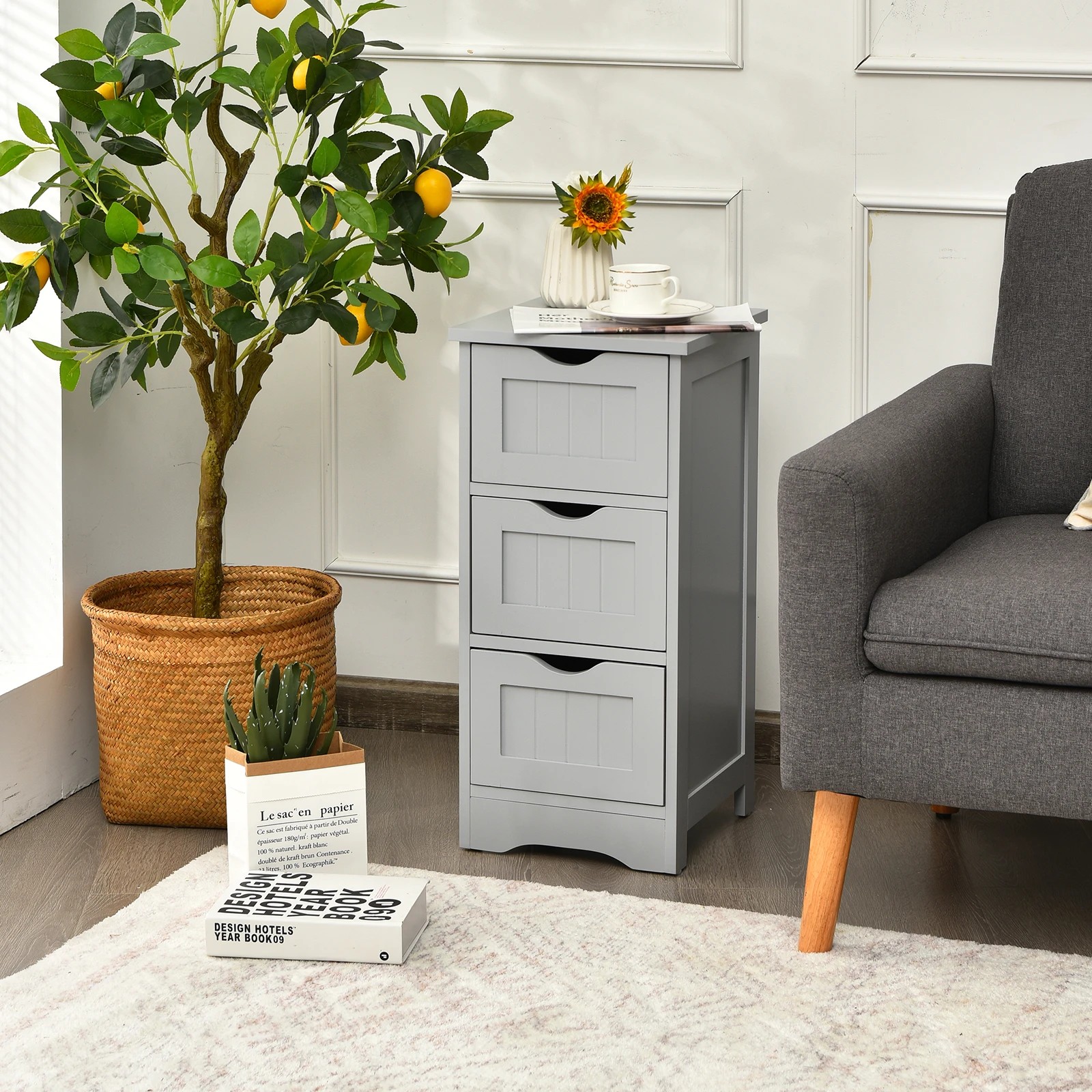 4 Costway 3-Drawers Storage Cabinet Freestanding Beside Table - Grey, 4 of 5