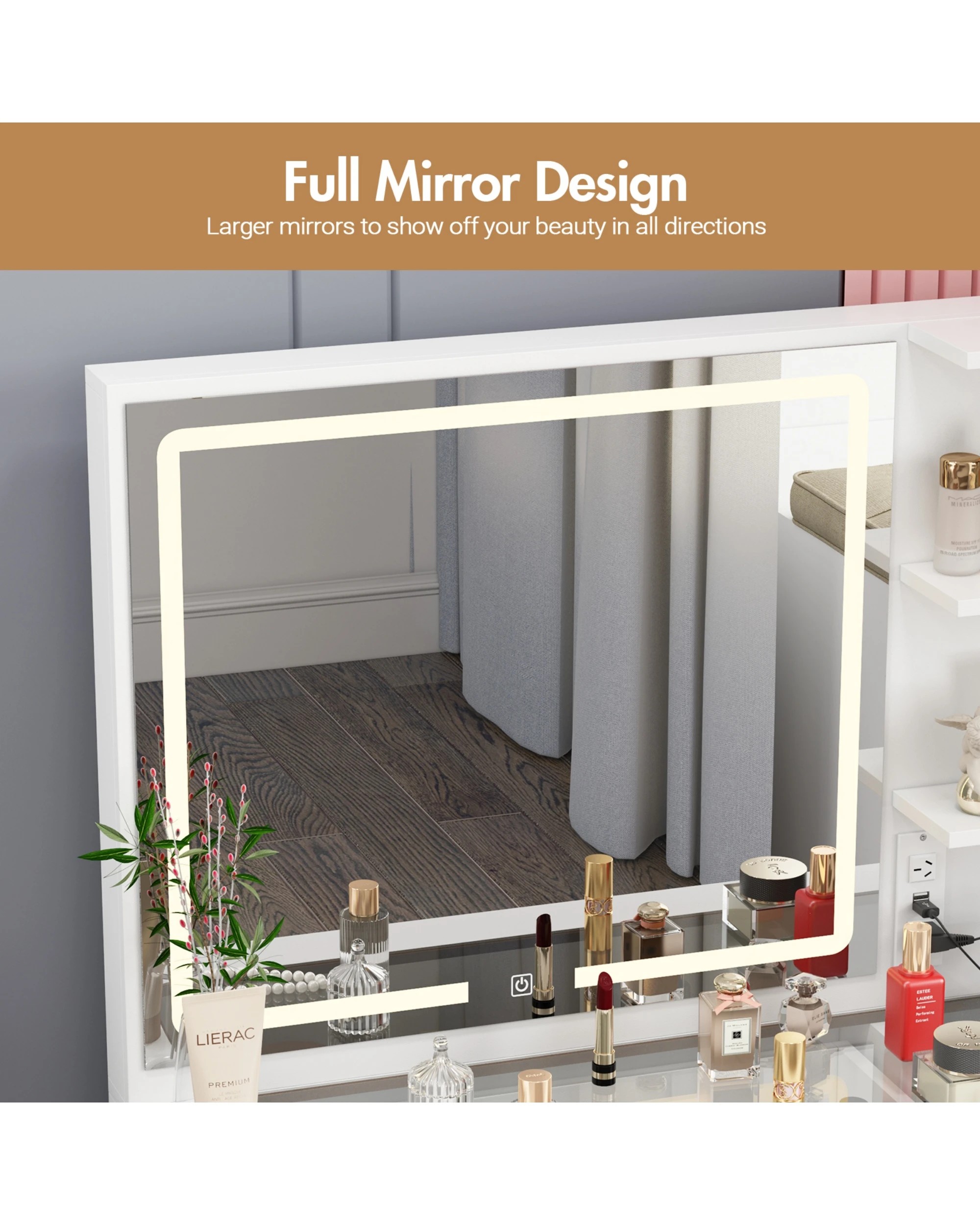 9 Advwin Dressing Table Stool Set Charging Station Lights Glass Tabletop Vanity Desk, 9 of 10