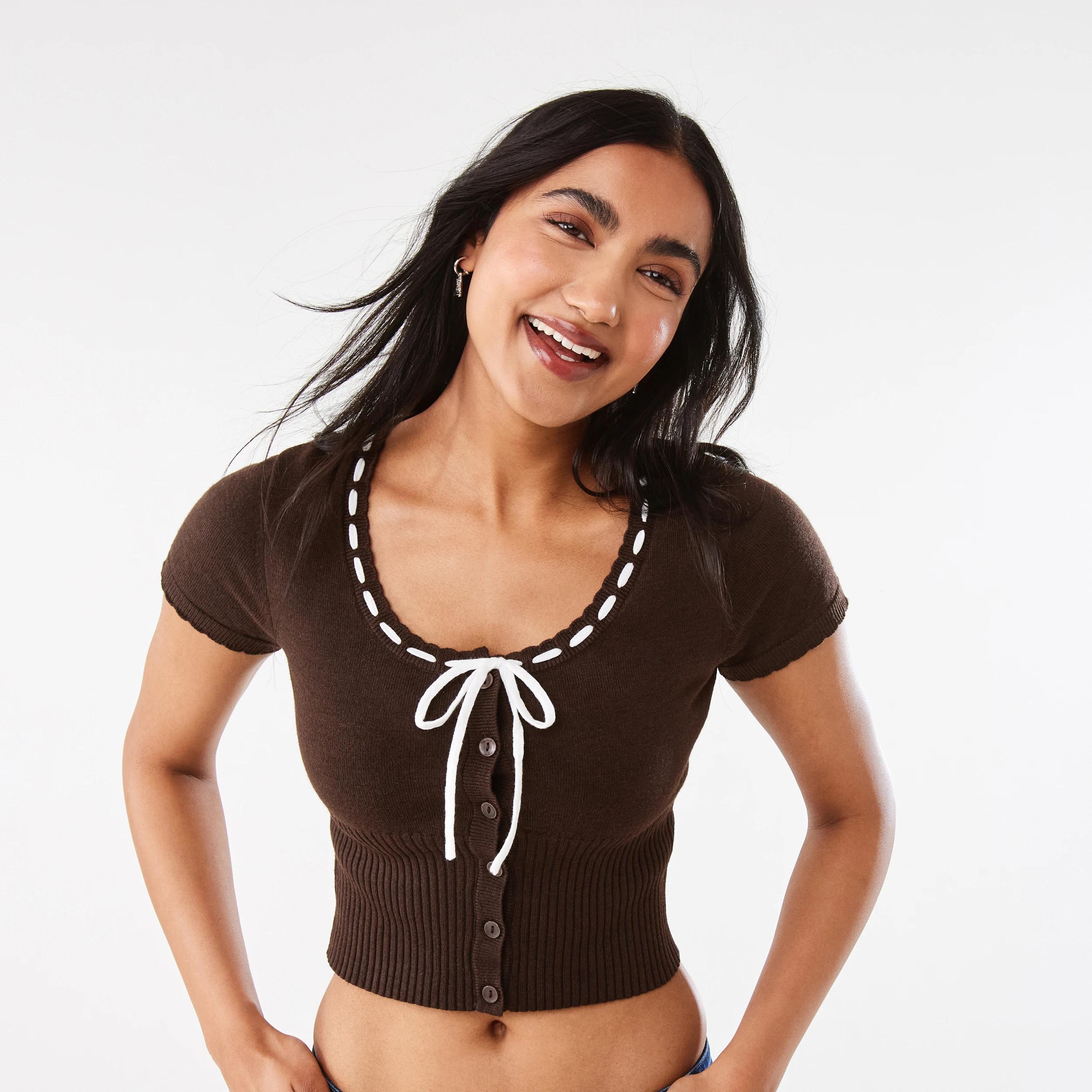 1 Short Sleeve Ribbon Detail Cardigan Melt Brown, 1 of 9