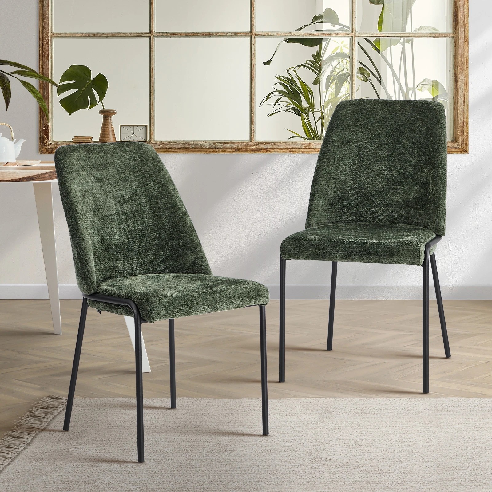 3 Oikiture Set of 2 Dining Chairs Chenille Fabric Kitchen Chair Padded Seat - Green, 3 of 9