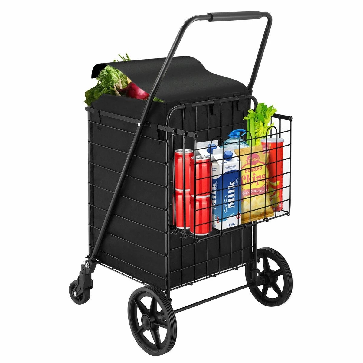 1 AUSWAY Folding Shopping Cart Trolley Portable Grocery Bag Storage Basket, 1 of 3