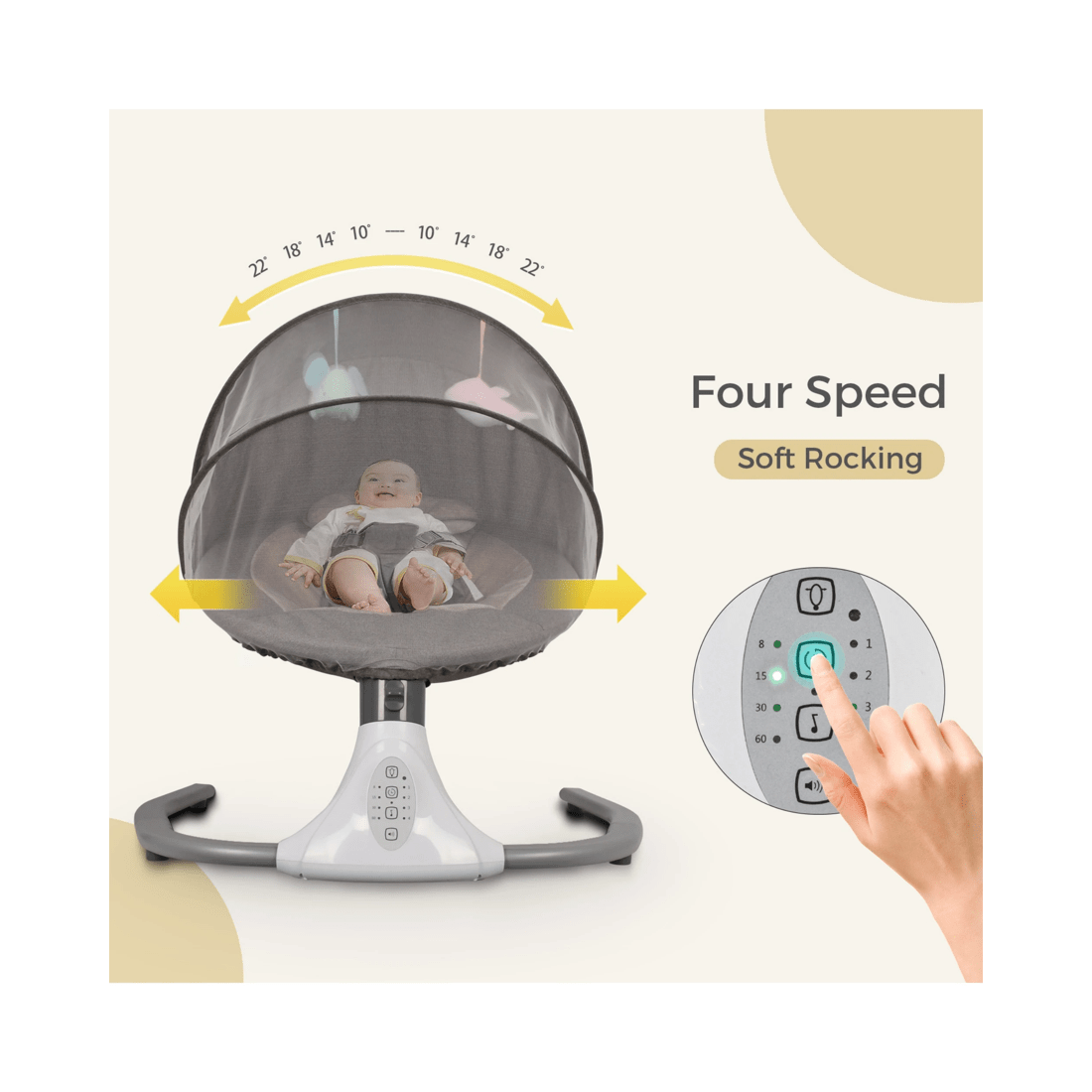 7 Advwin Electric Baby Swing Baby Bouncer Rocker W/ Mosquito Net Toddler Seat Soft Peachskin Grey, 7 of 9