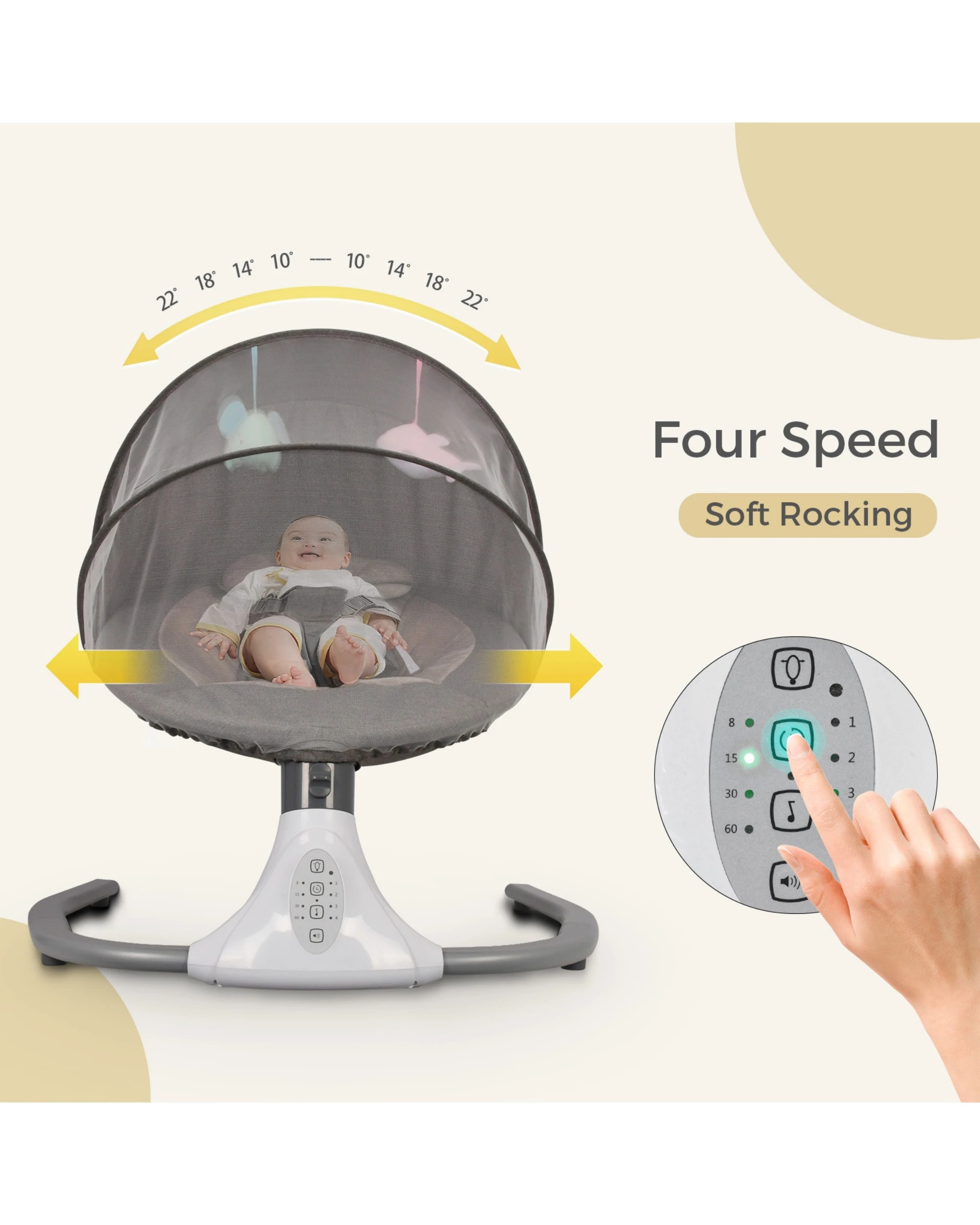 7 Advwin Electric Baby Swing Baby Bouncer Rocker w/ Mosquito Net Toddler Seat Soft Peachskin Grey, 7 of 9
