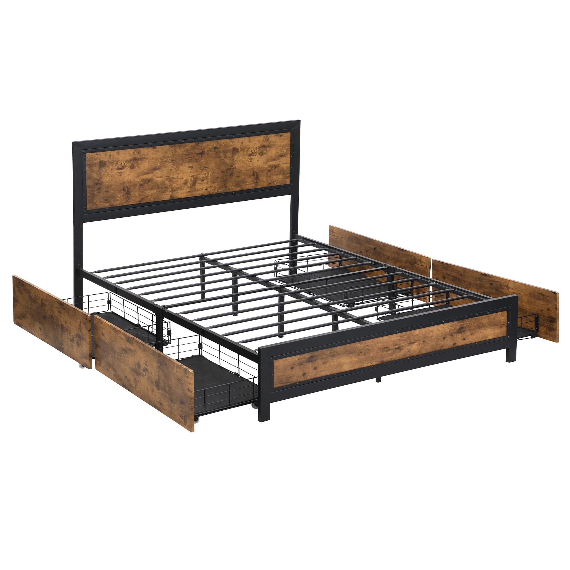 1 Levede Metal Bed Frame Double Mattress Base Platform Wooden 4 Storage Drawers, 1 of 7