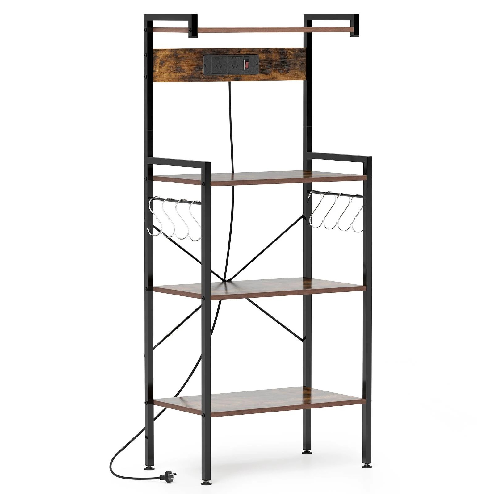 1 Costway 4-Tier Kitchen Bakers Rack w/Power Outlet & 8 S-Hooks Utility Storage Shelf - Brown, 1 of 4