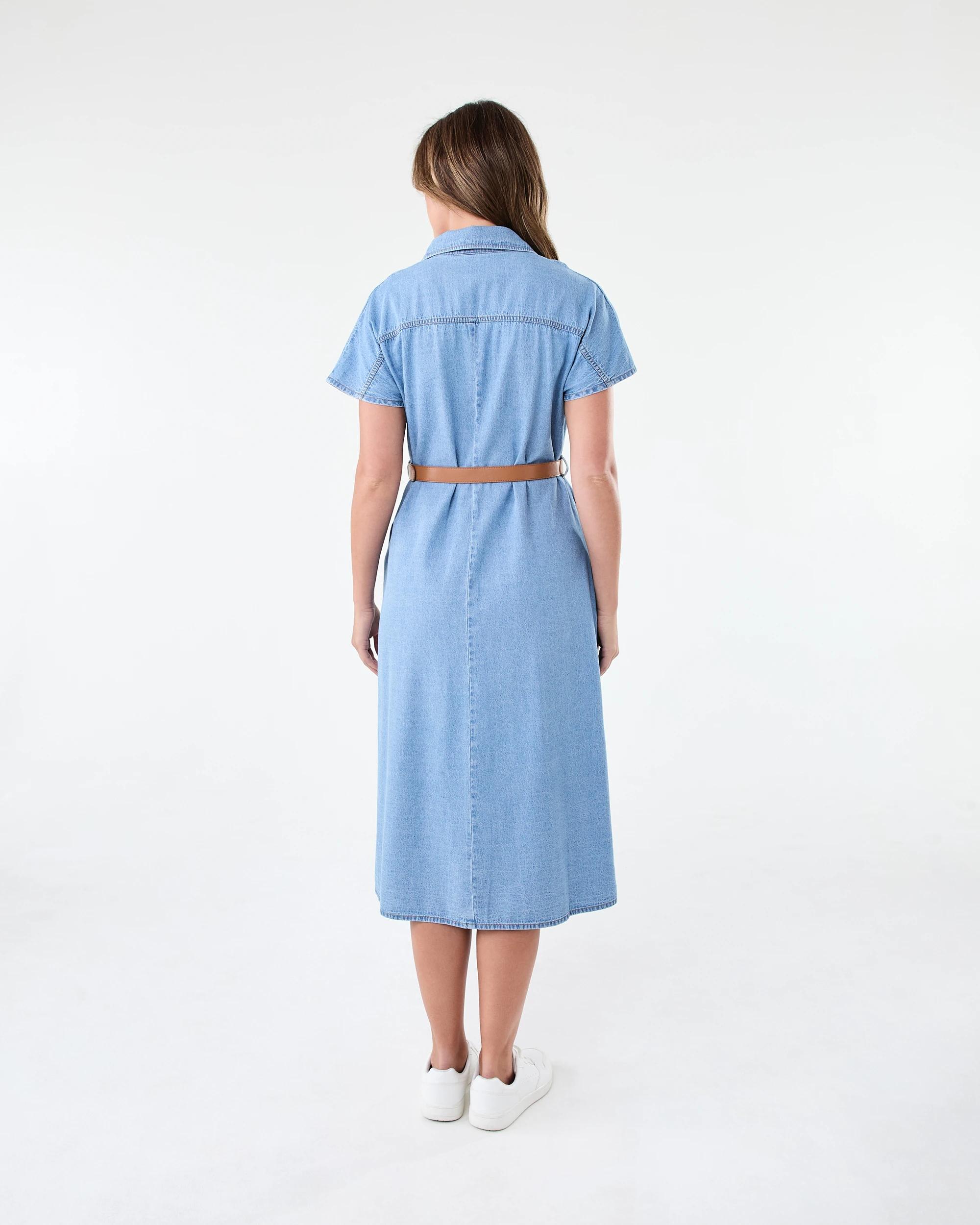 3 Short Sleeve Chambray Shirt Midi Dress Light Wash, 3 of 7