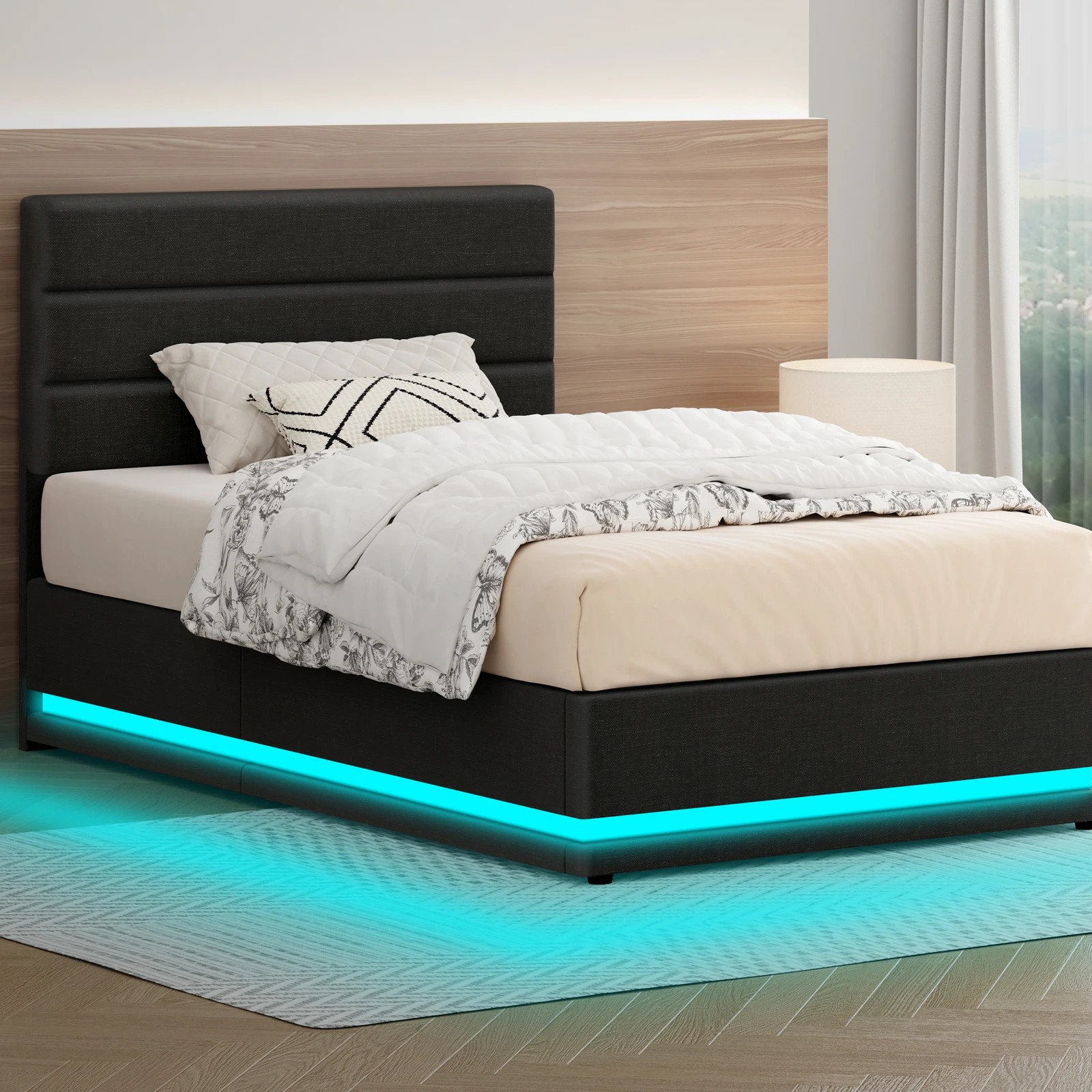 2 Alfordson Bed Frame King Single Platform RGB LED Gas Lift Storage Base - Charcoal, 2 of 10