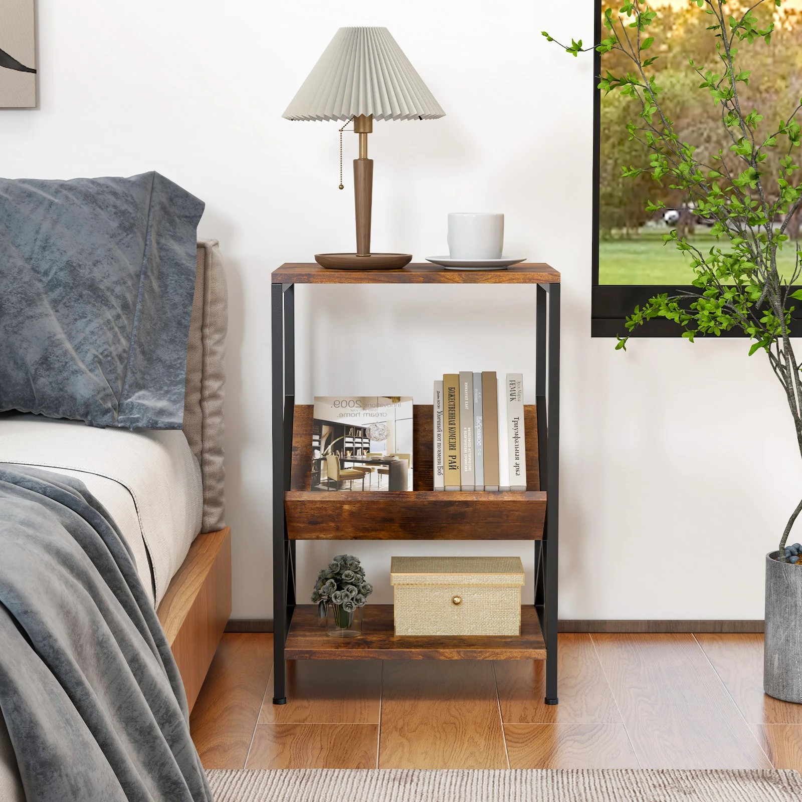 4 Costway 3-Tier Side Table Record Player Stand w/Magazine Holder & Open Shelves, 4 of 4