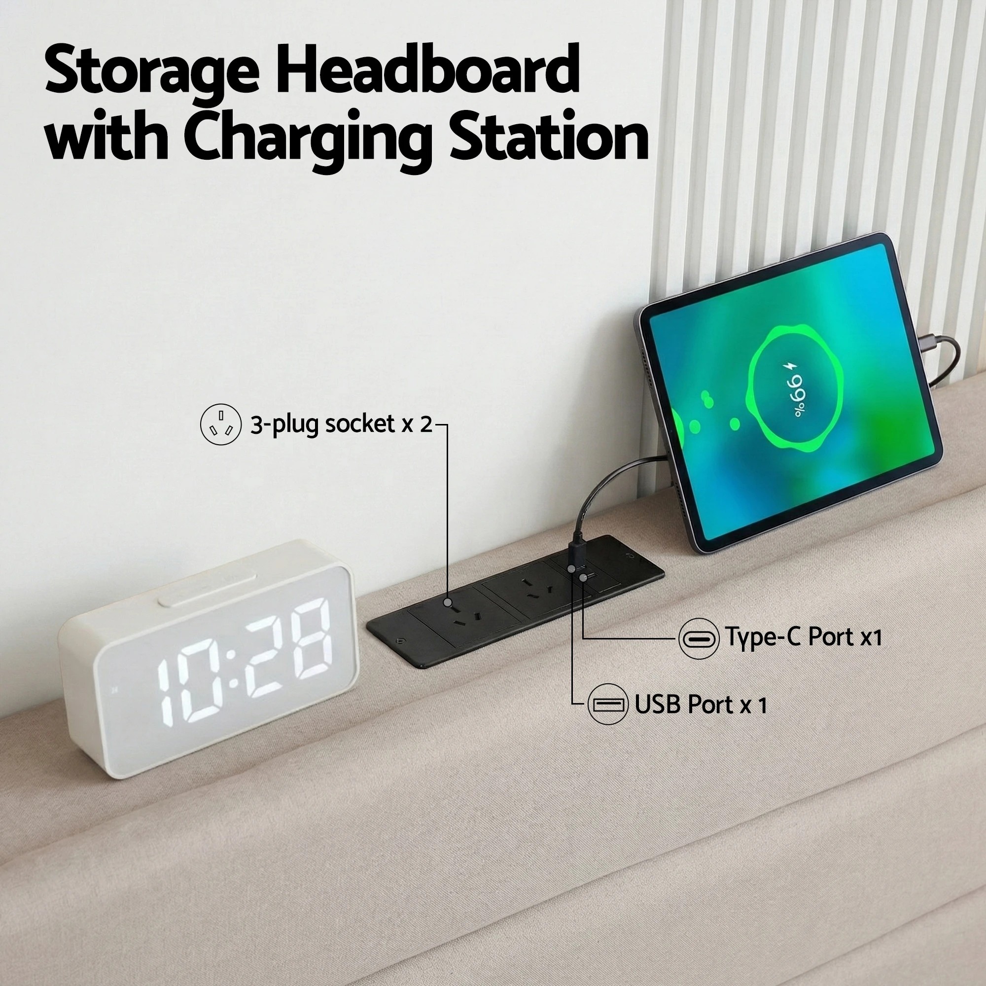 3 Artiss Queen Bed Frame with Storage Adjustable Headboard Platform Base Linen Fabric Charging Ports - Beige, 3 of 6