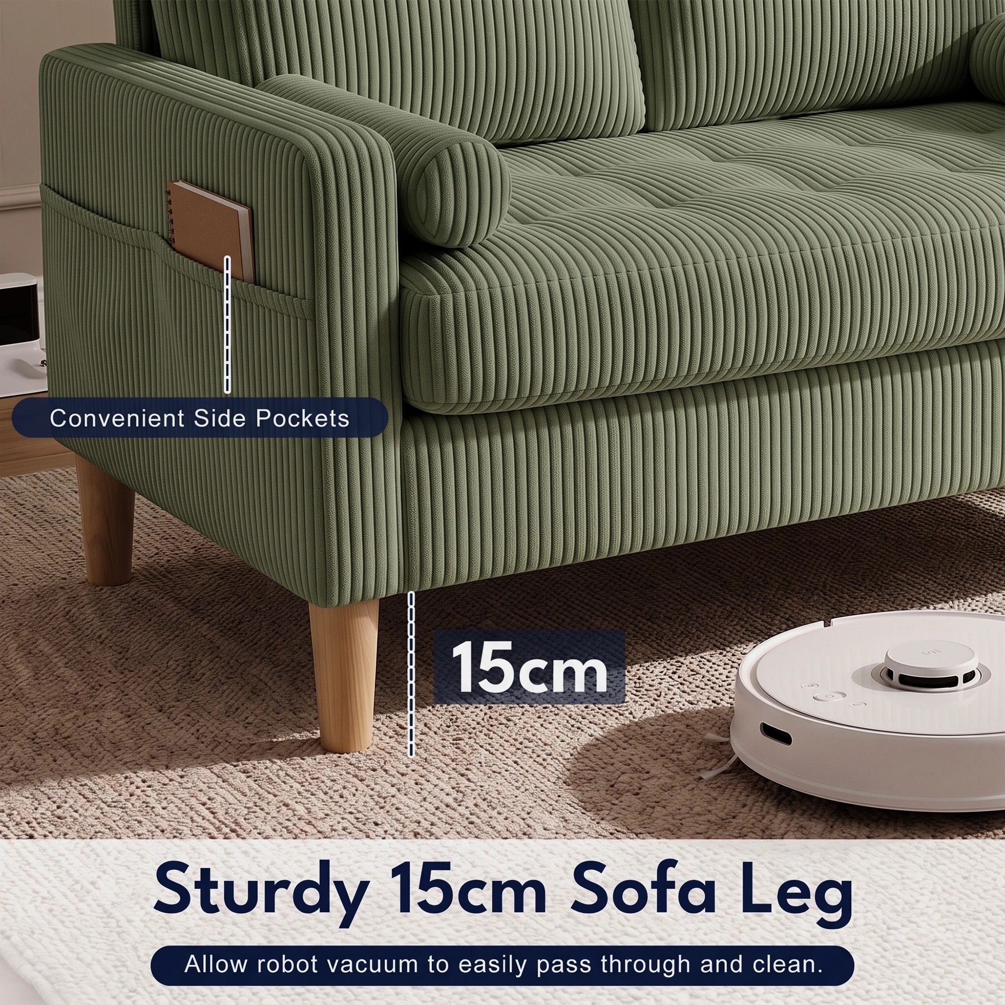 5 Advwin 121CM 2 Seater Loveseat Sofa Compact Corduroy Couch with Tufted Seat Cushion and Side Storage Pockets - Green, 5 of 8