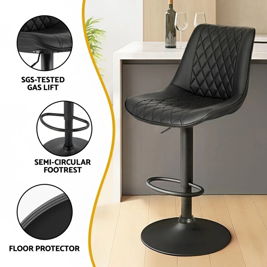 6 Artiss 2x Bar Stools Kitchen Swivel Gas Lift Counter Chair Diamond Leather - Black, 6 of 6