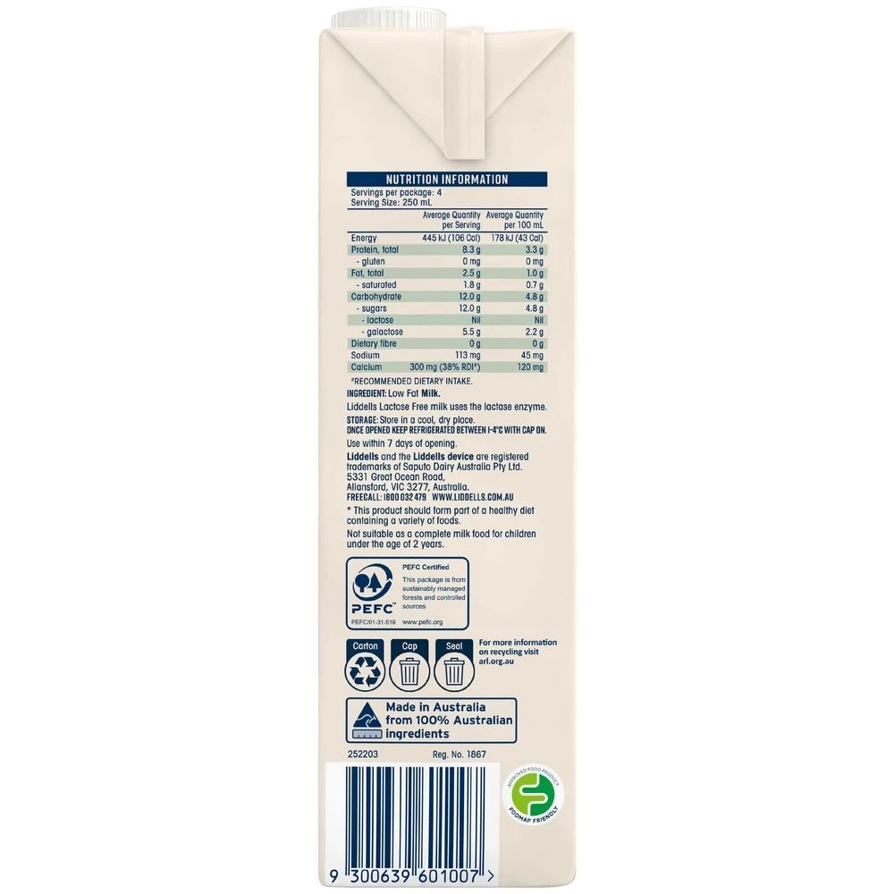 4 Liddells Lactose Free Low Fat Milk 1L, 4 of 5
