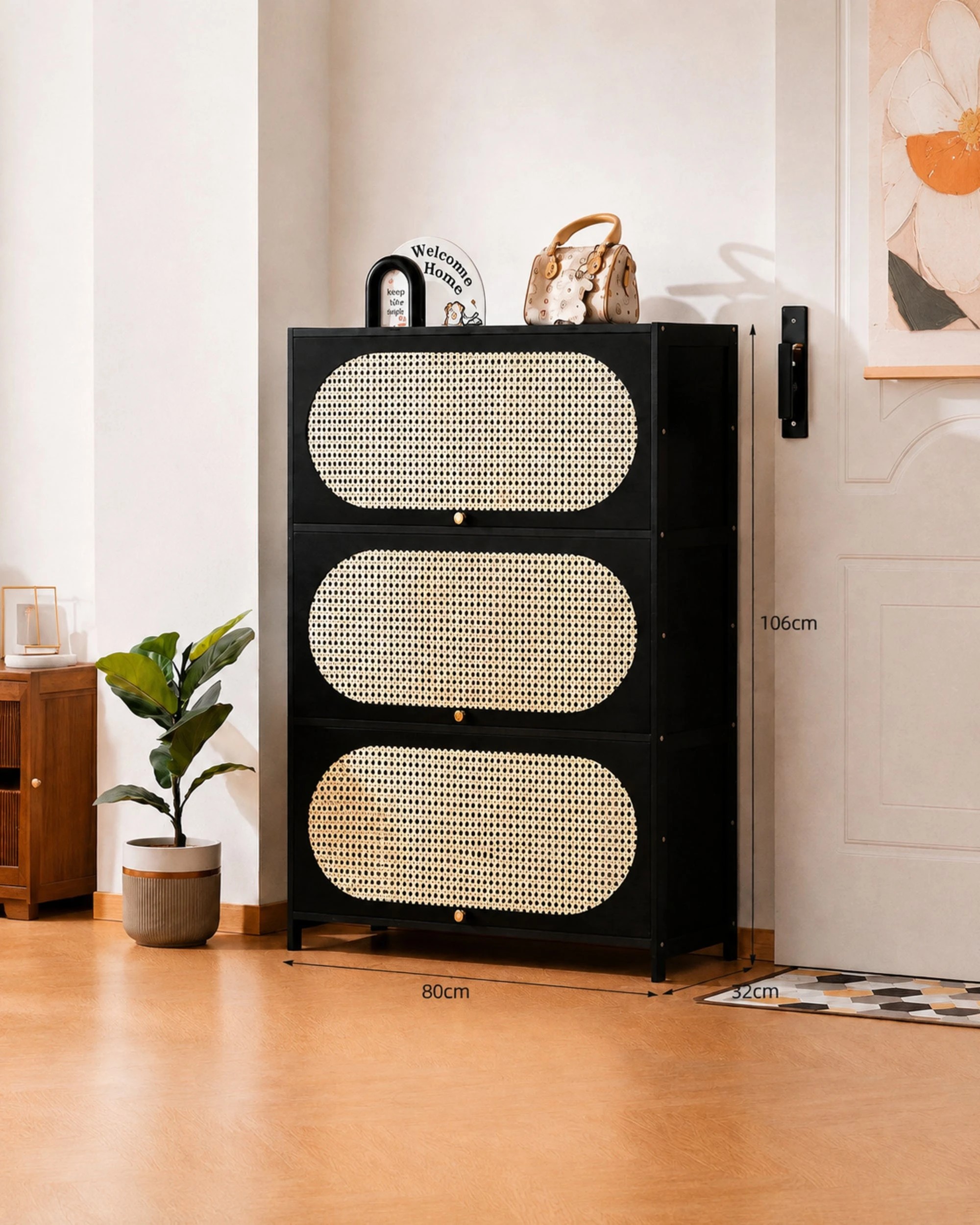 3 Foret 7 Tier Black Shoe Cabinet Rattan Flip Door Storage Organiser 80cm, 3 of 9