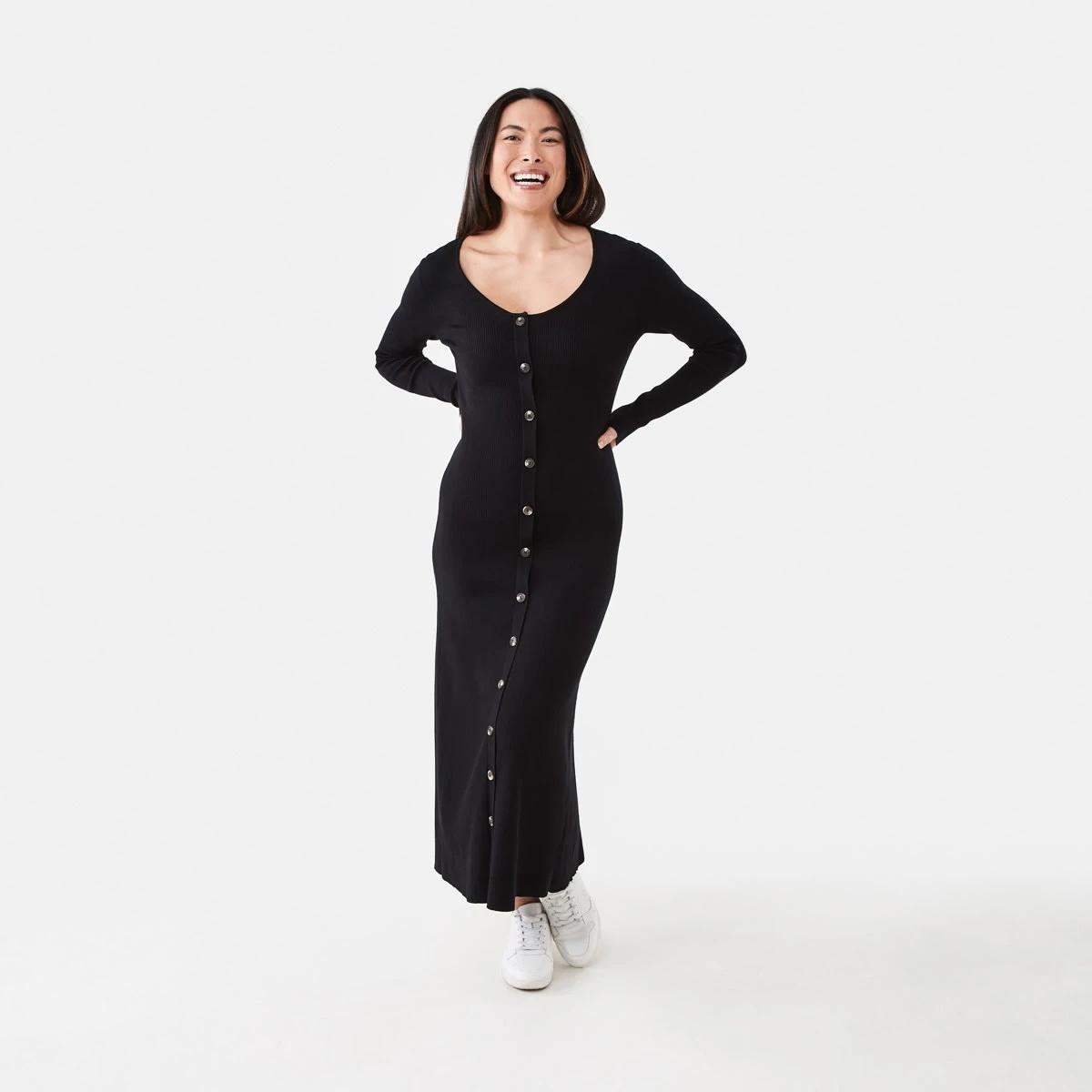 1 Long Sleeve Button Through Knit Maxi Dress Black, 1 of 6