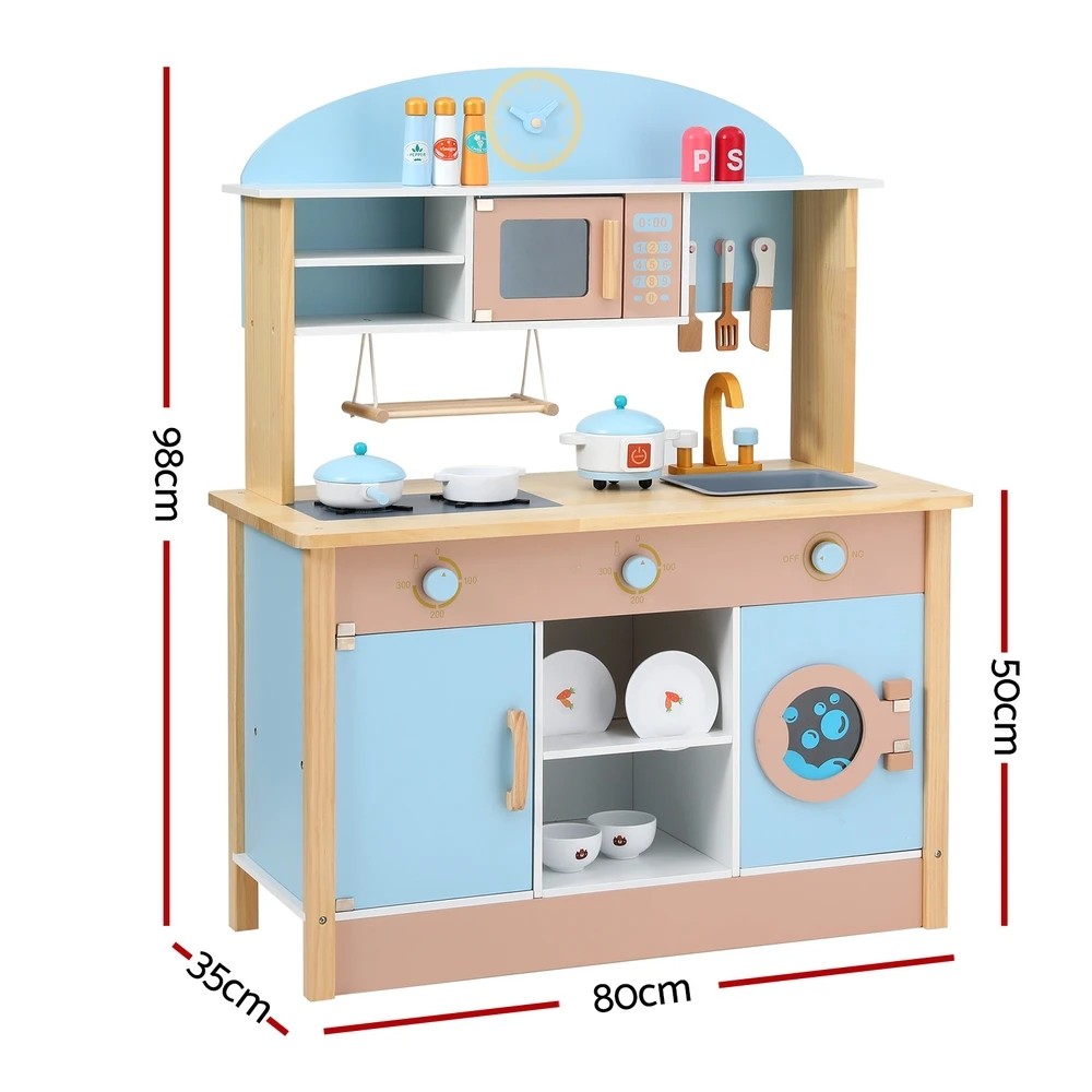 2 Keezi Kids Wooden Pretend Kitchen Play Sets Cooking Toys Pot Pan Bowls Oven Dishwasher 80CM - Multi, 2 of 6
