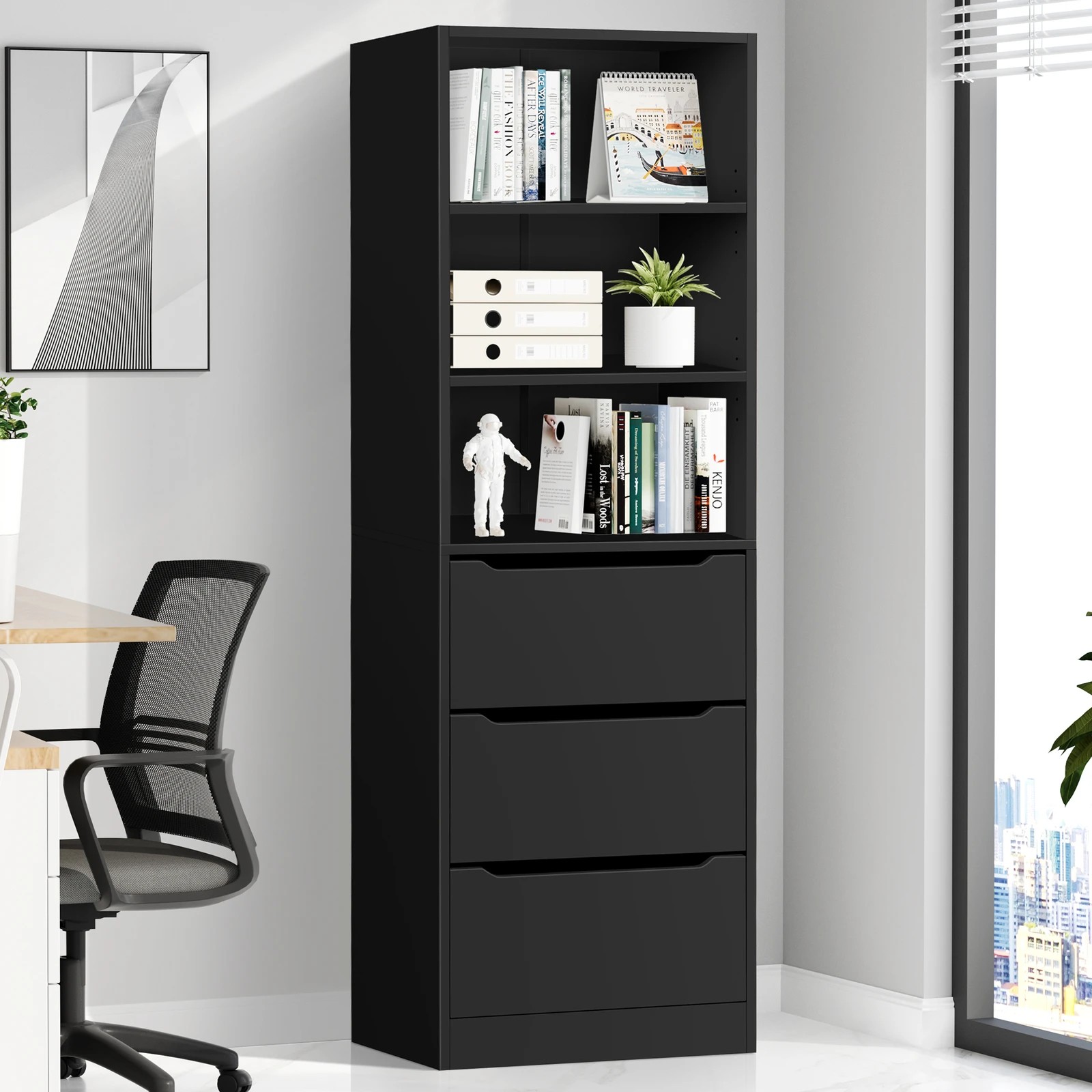 2 Alfordson Chest of 3 Drawers Office Storage Cabinet Tallboy Bedroom - Black, 2 of 10