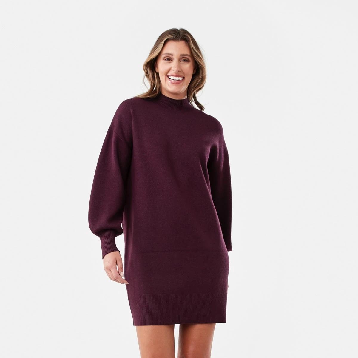 1 Long Sleeve Mock Neck True Knit Mini Dress Mulberry, 1 of 7