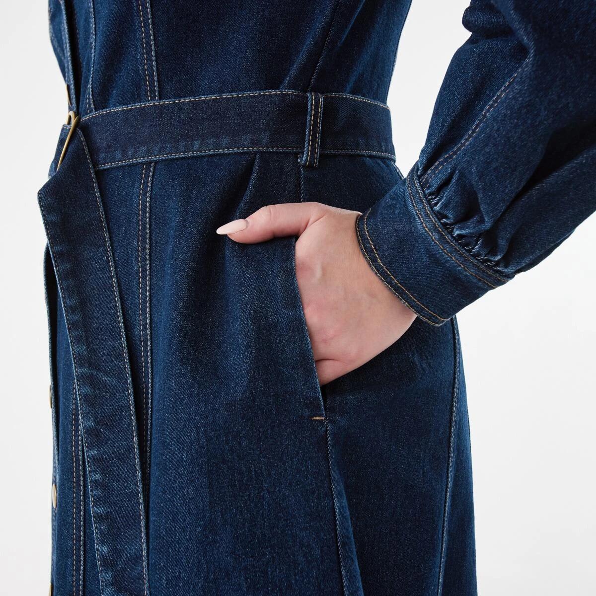 8 Long Sleeve Belted Denim Midi Dress Indigo, 8 of 10