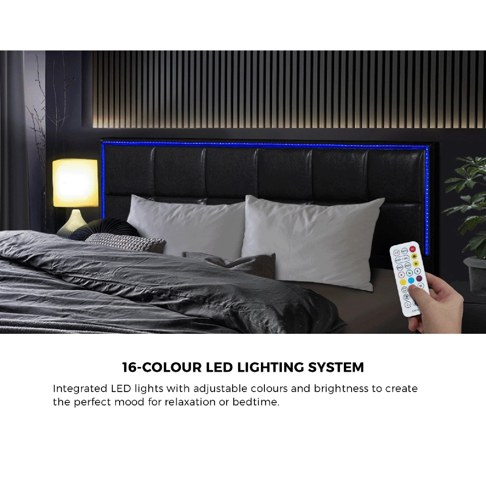 4 Oikiture Bed Frame Queen Size RGB LED Gas Lift Storage Base Leather - Black, 4 of 9