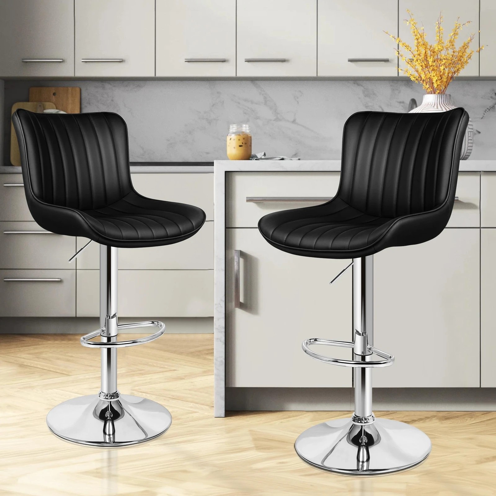 2 Alfordson 2x Bar Stools Gas Lift Leather Bar Chairs Kitchen Swivel Brad - Black, 2 of 10