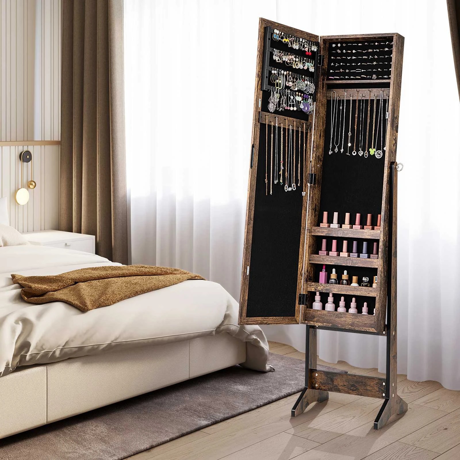 3 Costway Mirrored Jewellery Cabinet Armoire Jewelry Organizer w/3 Adjustable Tilt Angles - Brown, 3 of 5