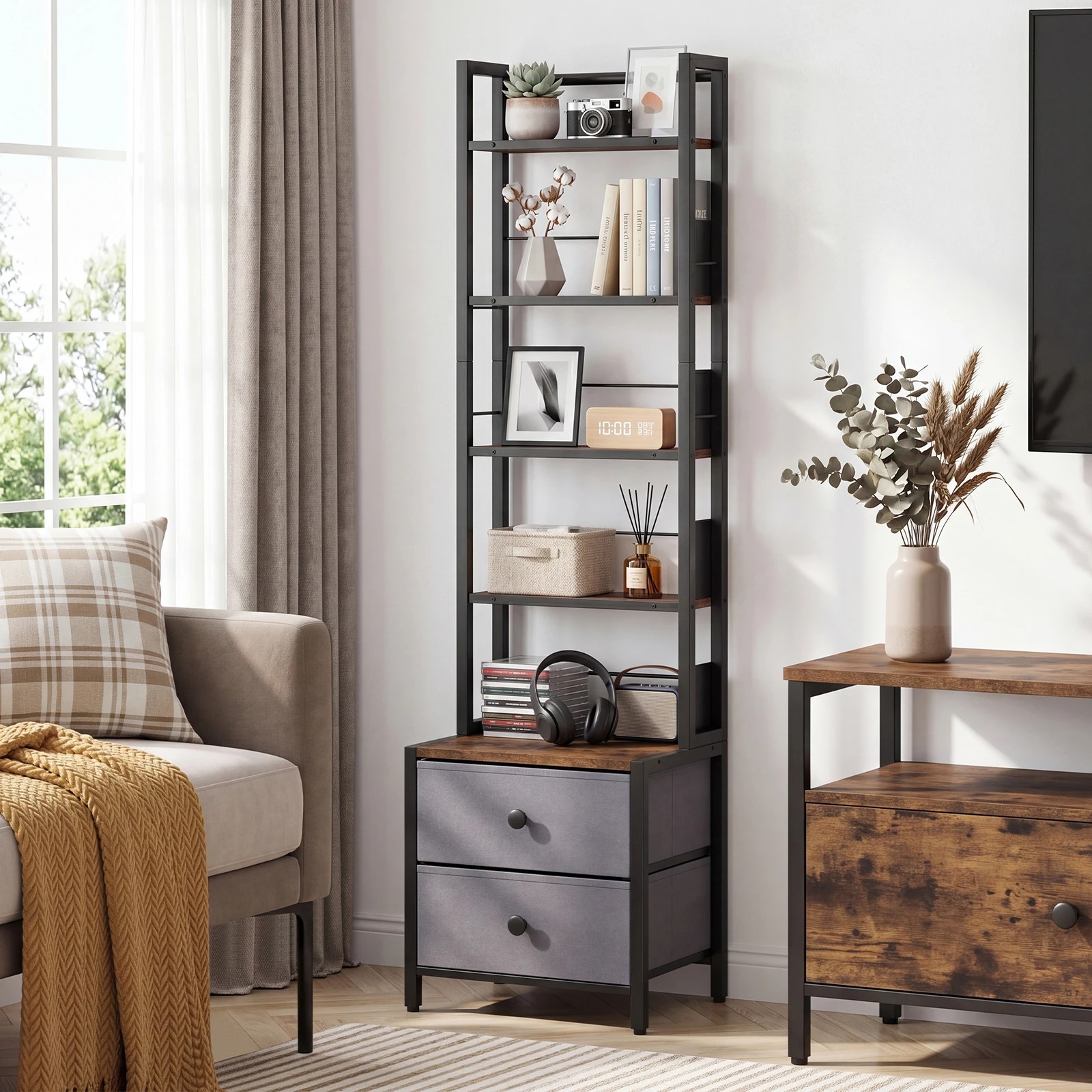 4 Costway 5-Tier CD Storage Rack Bookshelf w/Drawers Display Storage Cabinet, 4 of 6