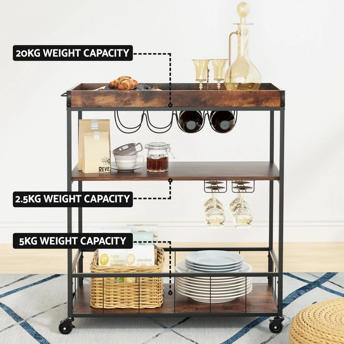 7 Artiss Kitchen Island Rolling Serving Cart - Brown, 7 of 8