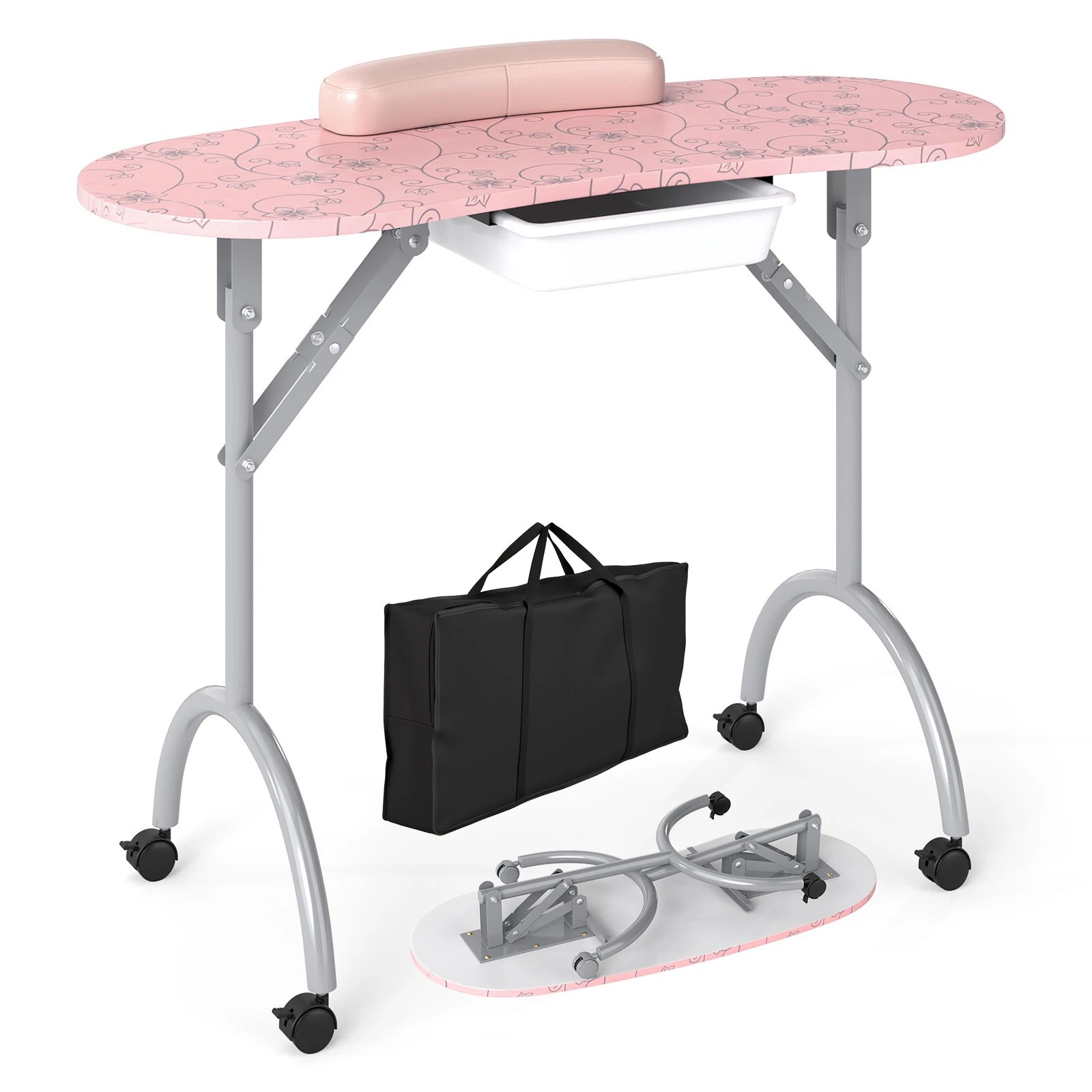 1 Costway Foldable Manicure Table w/Wheels Professional Nail Technician Desk - Pink, 1 of 5