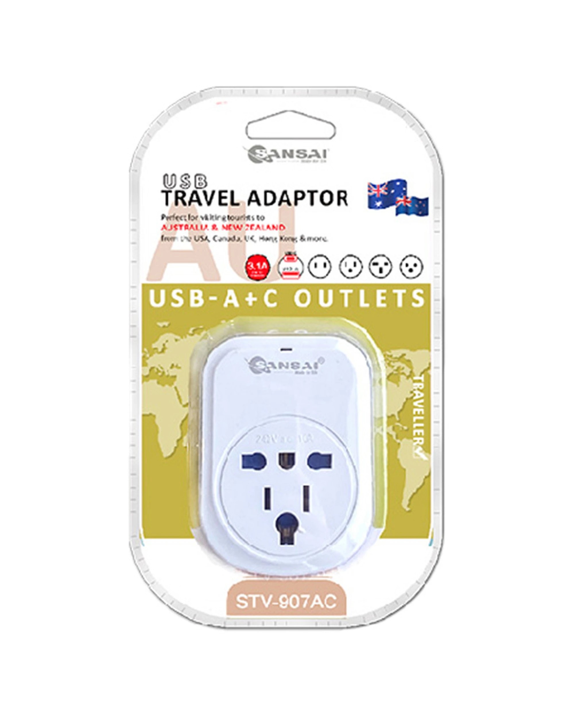 1 Sansai Worldwide Travel Power Adaptor USB-C A UK USA to AU NZ Plug - White, 1 of 3