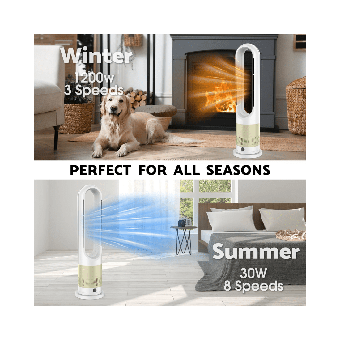 6 Advwin Bladeless Tower Fan, 2 In 1 Electric Fan Heater With 8 Speeds, Portable Oscillation Fan For Room Bedroom Office, 6 of 7