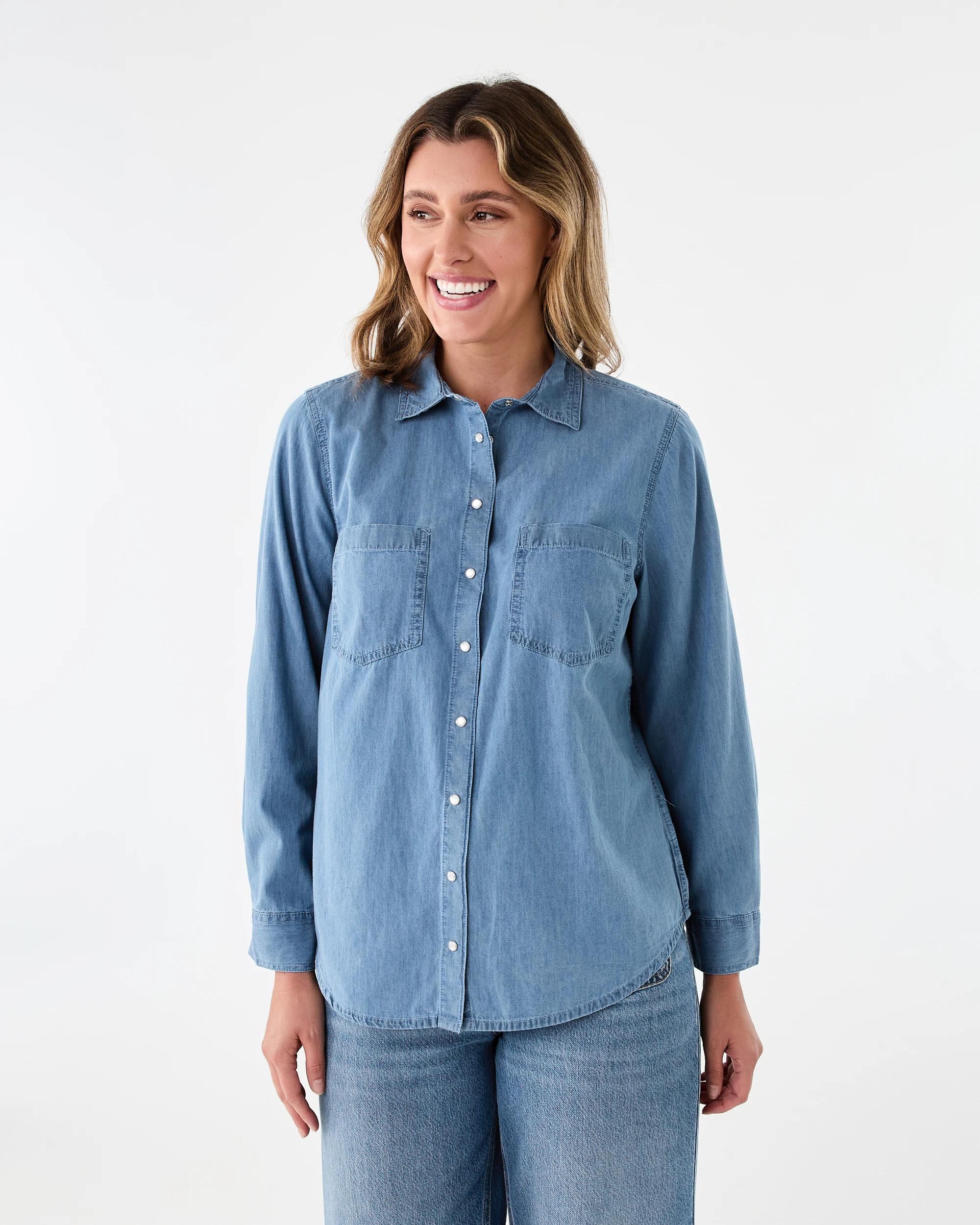 1 Long Sleeve Chambray Shirt Light Wash, 1 of 8