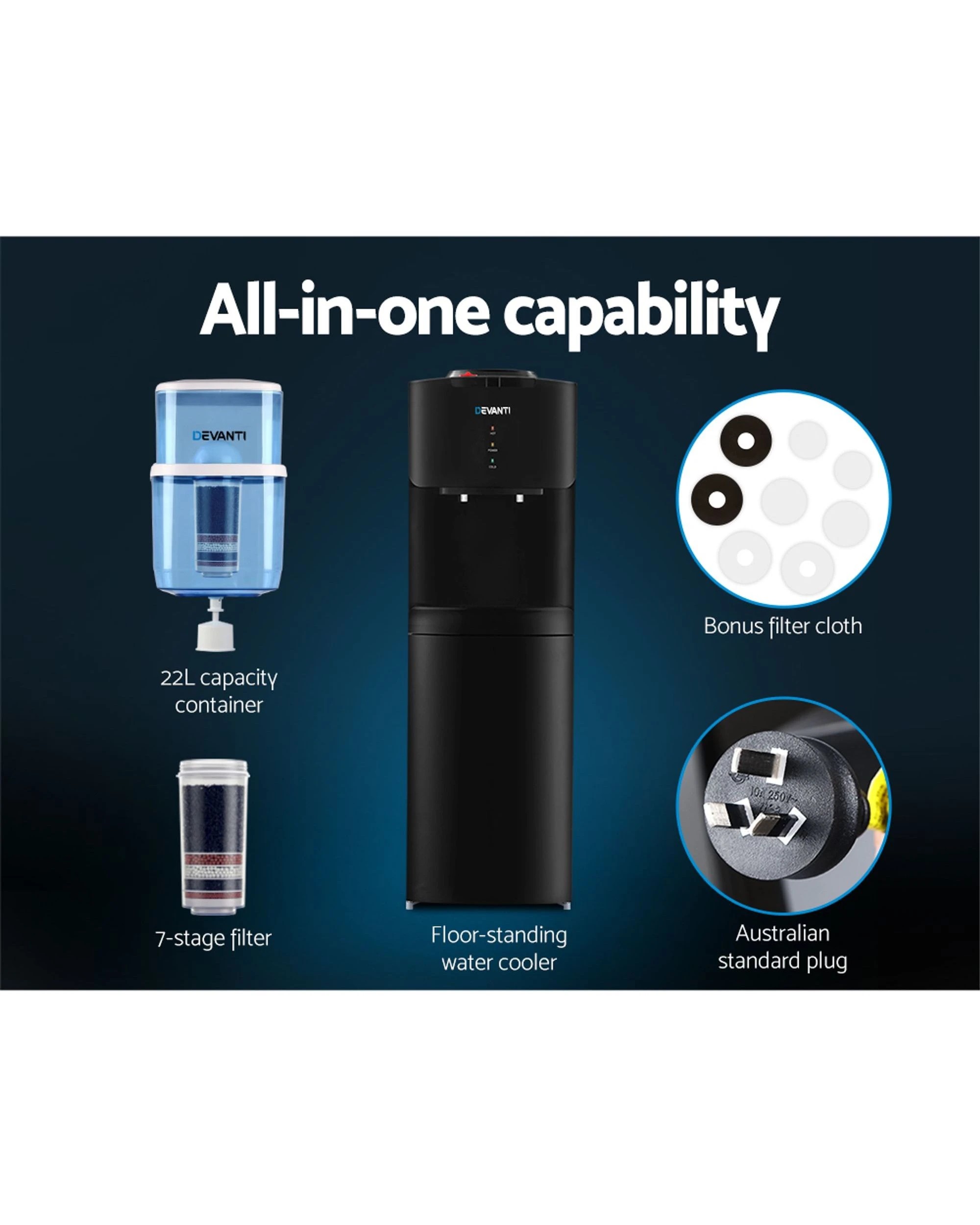 3 Devanti Water Cooler Dispenser Stand 22L Bottle - Black, 3 of 10