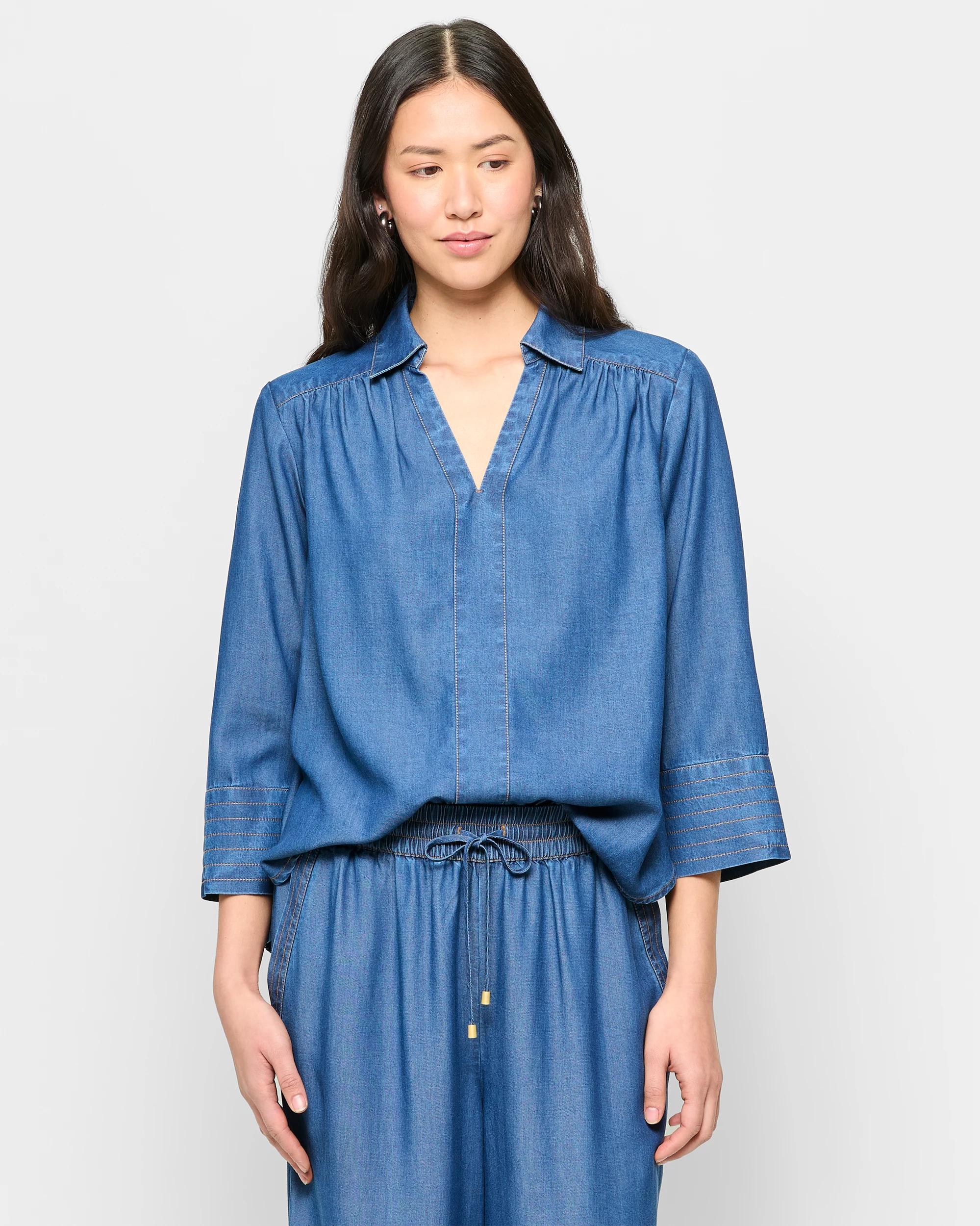 1 Target Long Sleeve Popover Top CHAMBRAY DARK WASH, 1 of 7