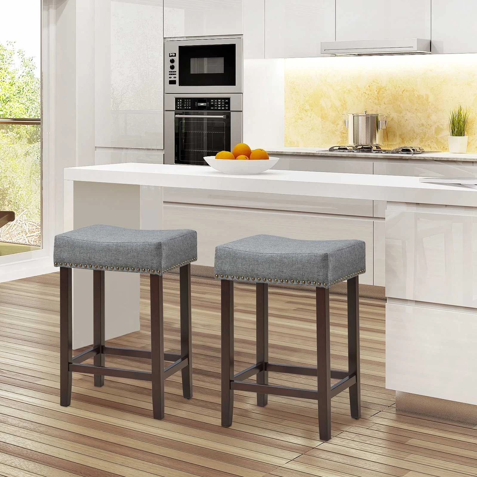 3 Costway 2x Saddle Bar Stool Padded Accent Nail Head Barstools Kitchen Height Counter Chair - Grey, 3 of 4