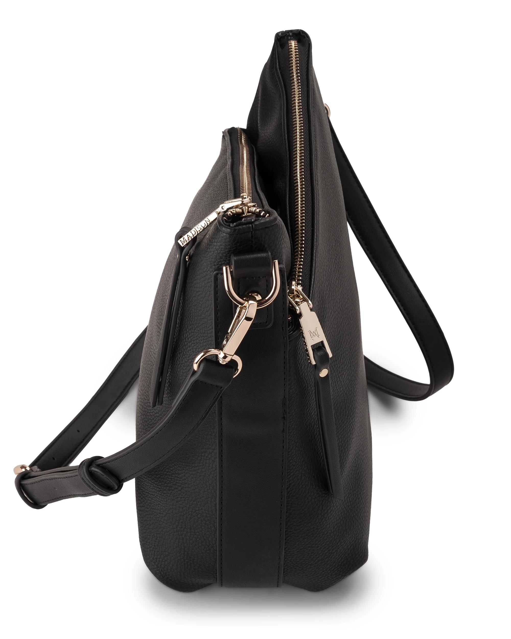 4 Madison Accessories Maya Medium Double Zip Sling Crossbody Bag BLACK LT GOLD, 4 of 5